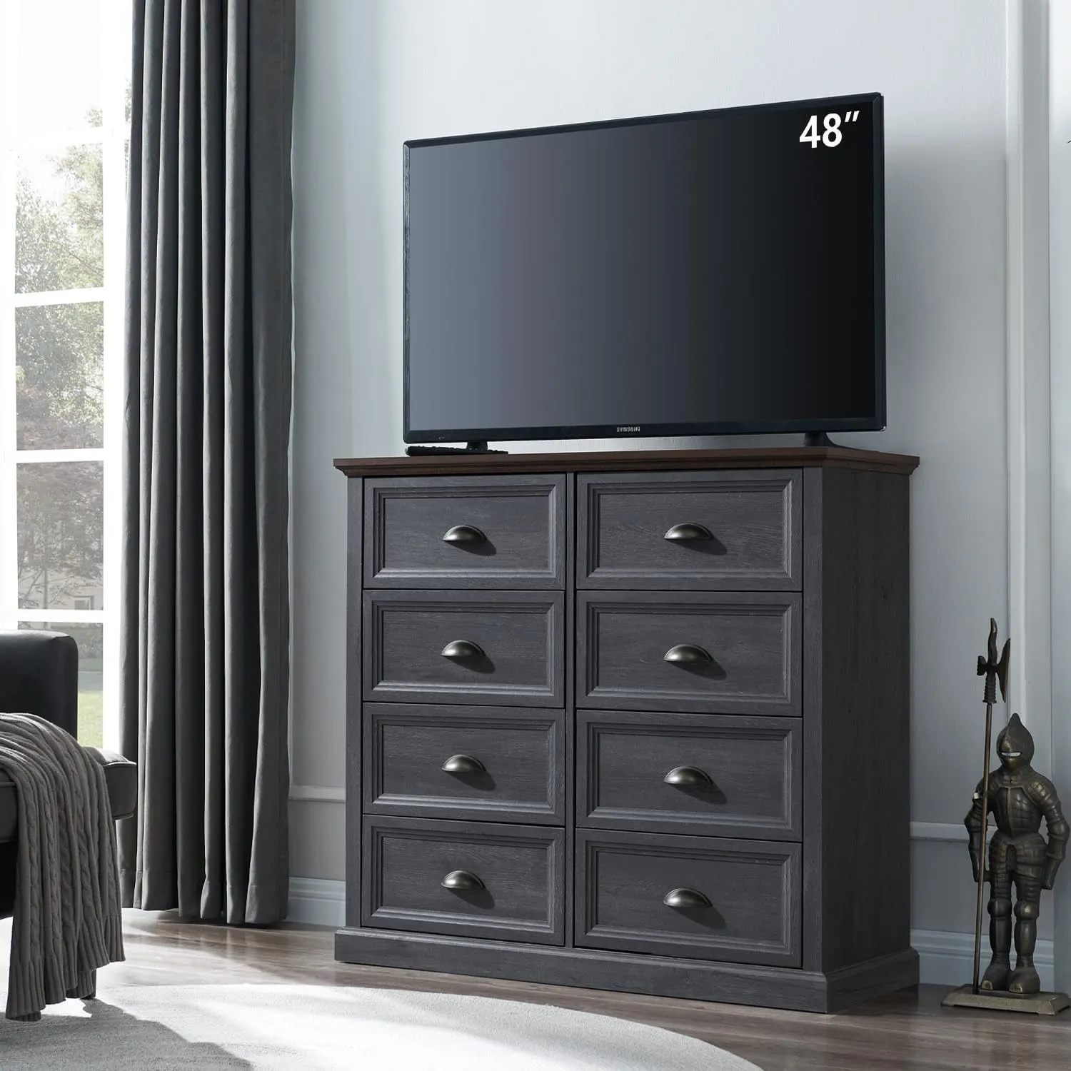 Farmhouse 8 Drawer Dresser for Bedroom, 39" Tall Dressers & Chests of Drawers, 42" Wide Dressers Organizer Storage, Wood Rustic Bedroom Dresser for Closet, Living Room, Hallway, Dark Grey