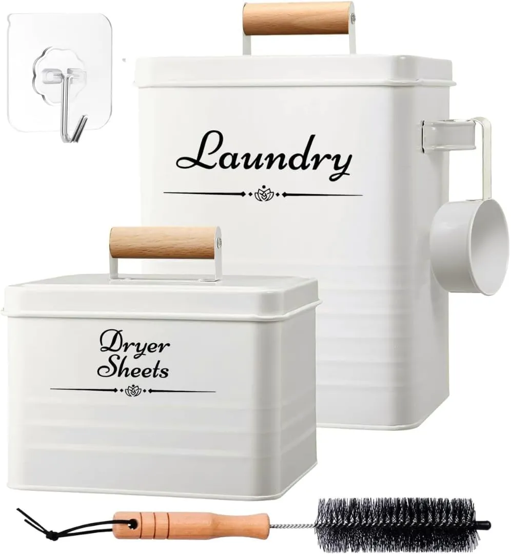 Farmhouse Metal Laundry Pods Container with Dryer Sheet Holder for Organization and Storage, Laundry Room Decor - Holds 156 Pods and 300 Sheets (White, Black)