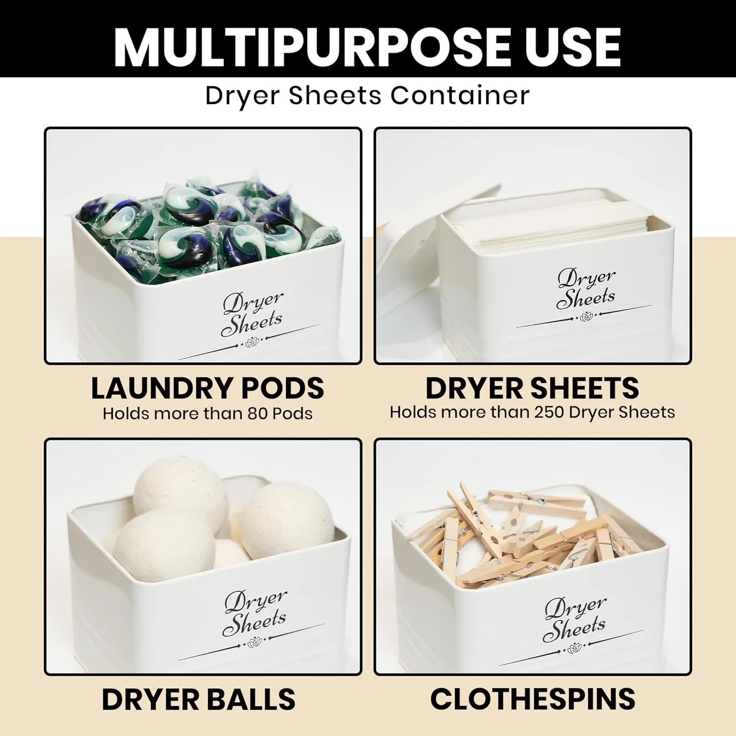 Farmhouse Metal Laundry Pods Container with Dryer Sheet Holder for Organization and Storage, Laundry Room Decor - Holds 156 Pods and 300 Sheets (White, Black)