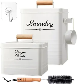Farmhouse Metal Laundry Pods Container with Dryer Sheet Holder for Organization and Storage, Laundry Room Decor - Holds 156 Pods and 300 Sheets (White, Black)