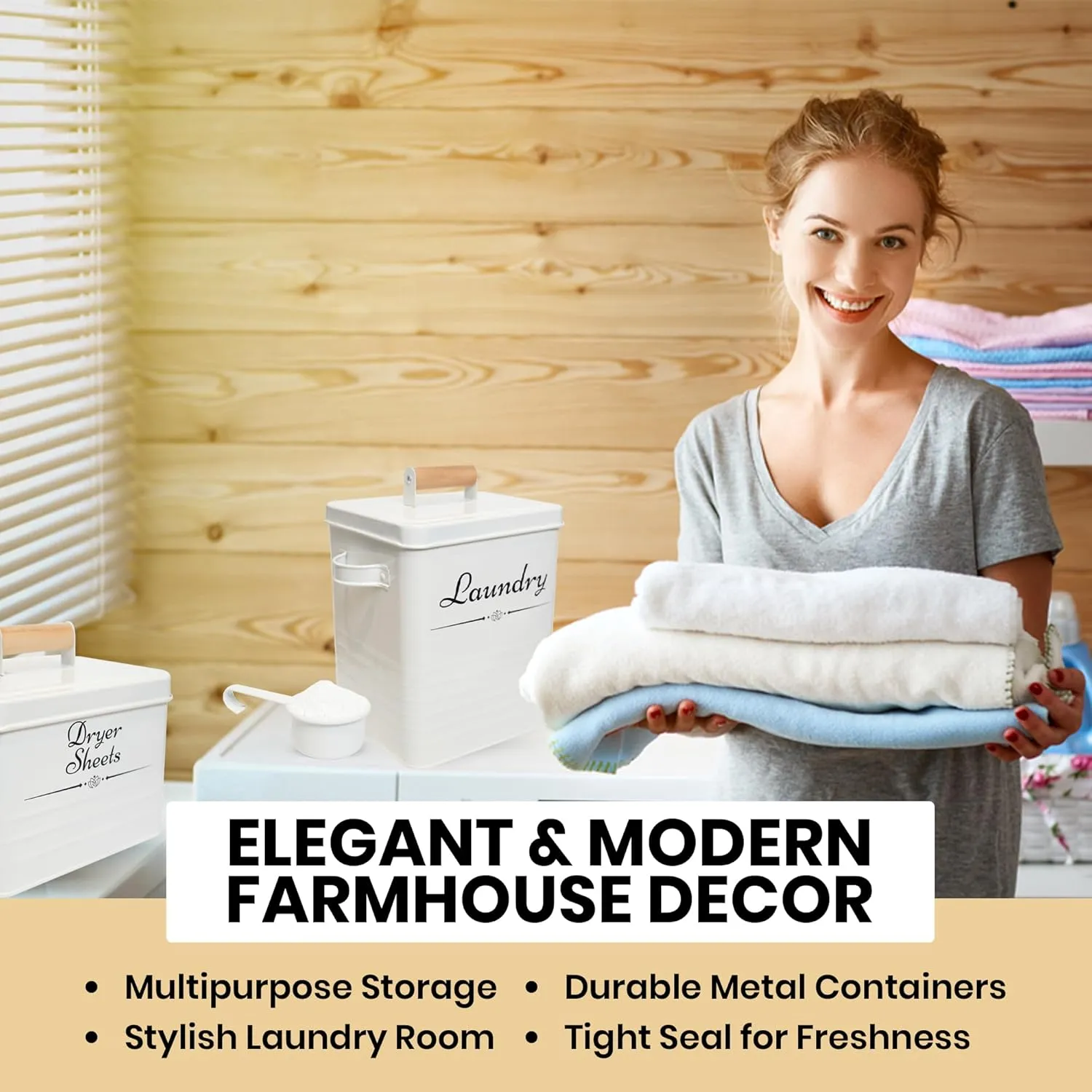 Farmhouse Metal Laundry Pods Container with Dryer Sheet Holder for Organization and Storage, Laundry Room Decor - Holds 156 Pods and 300 Sheets (White, Black)