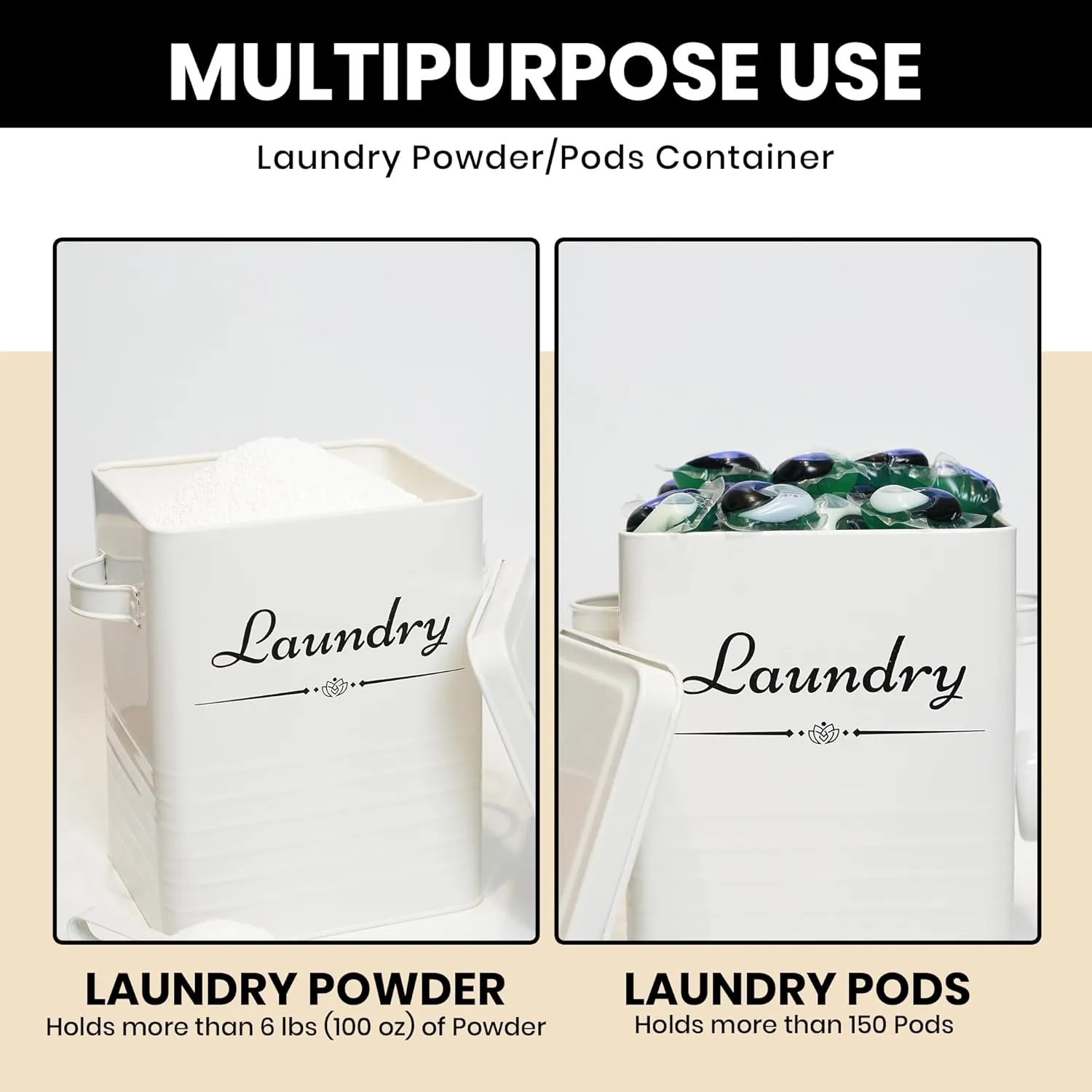 Farmhouse Metal Laundry Pods Container with Dryer Sheet Holder for Organization and Storage, Laundry Room Decor - Holds 156 Pods and 300 Sheets (White, Black)