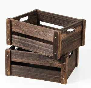 Farmhouse Wood Crates with Handles, Solid Wooden Storage Boxes, Handmade Durable Display Crates, 2 Pack Brown