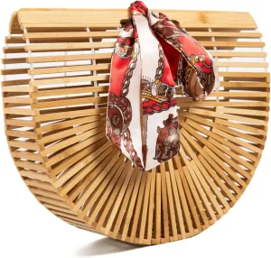 FARVALUE Women's Bamboo Bag Summer Wooden Handbag Handmade Large Tote Bag Beach Bag with Silk Scarf