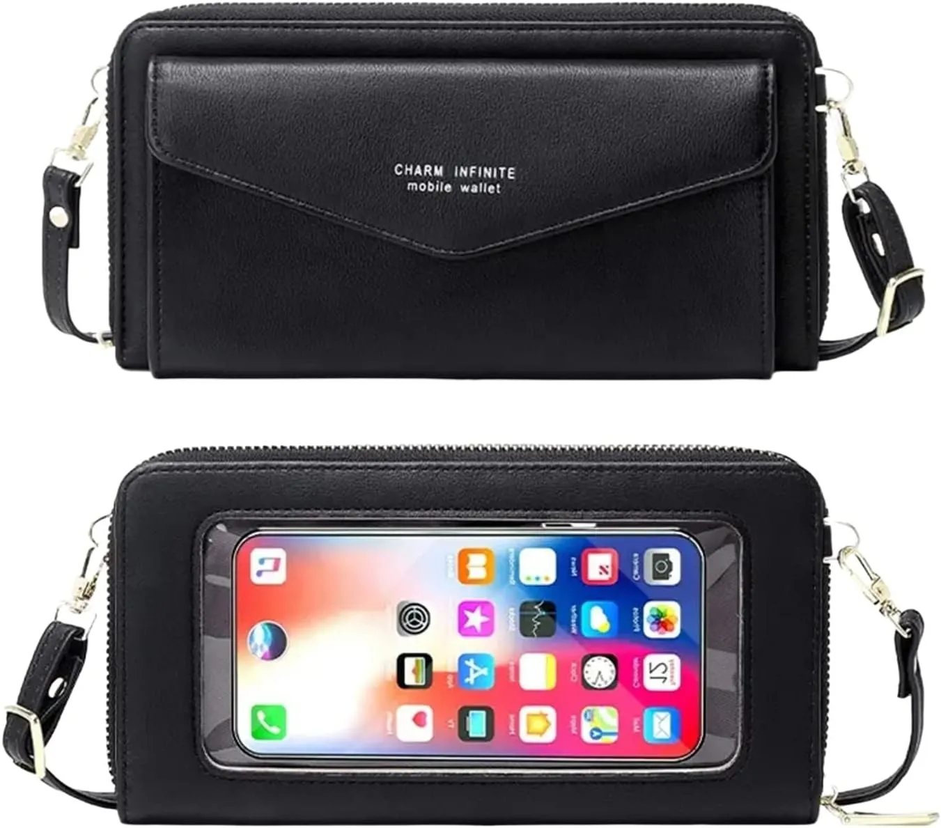 Faux Leather Crossbody Phone Bag for Women, RFID Blocking Touch Screen Wallet Shoulder Handbag with Clear Phone Window