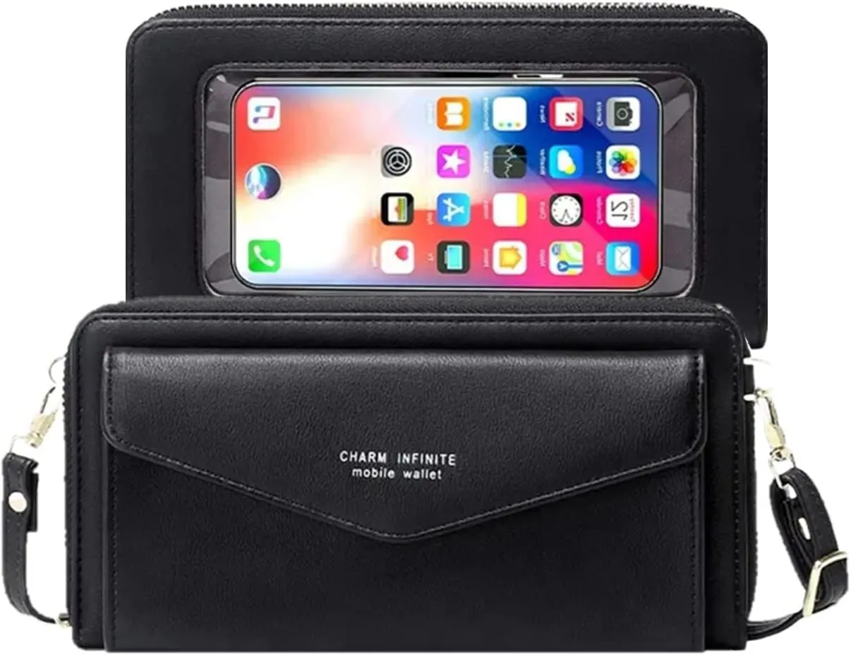 Faux Leather Crossbody Phone Bag for Women, RFID Blocking Touch Screen Wallet Shoulder Handbag with Clear Phone Window