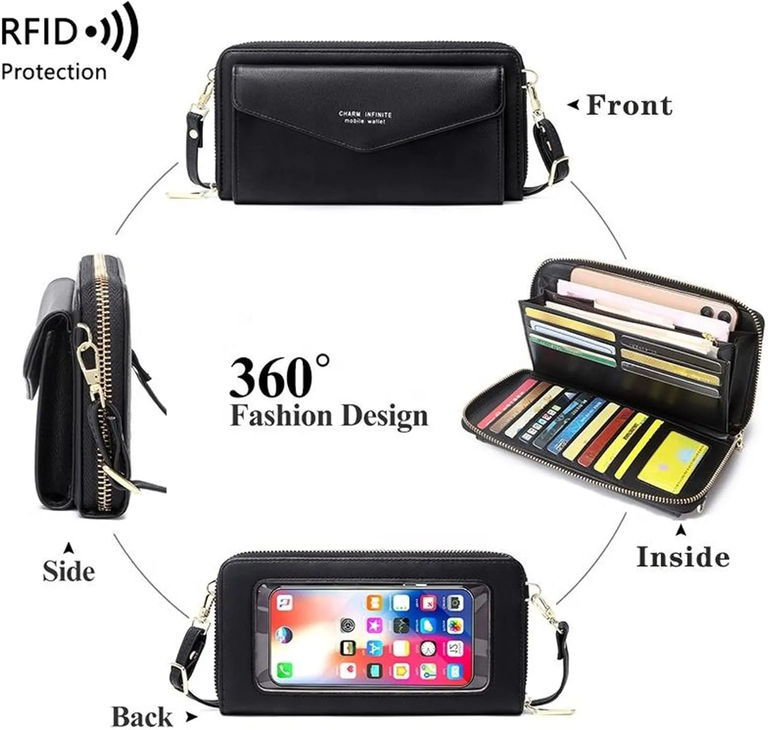Faux Leather Crossbody Phone Bag for Women, RFID Blocking Touch Screen Wallet Shoulder Handbag with Clear Phone Window