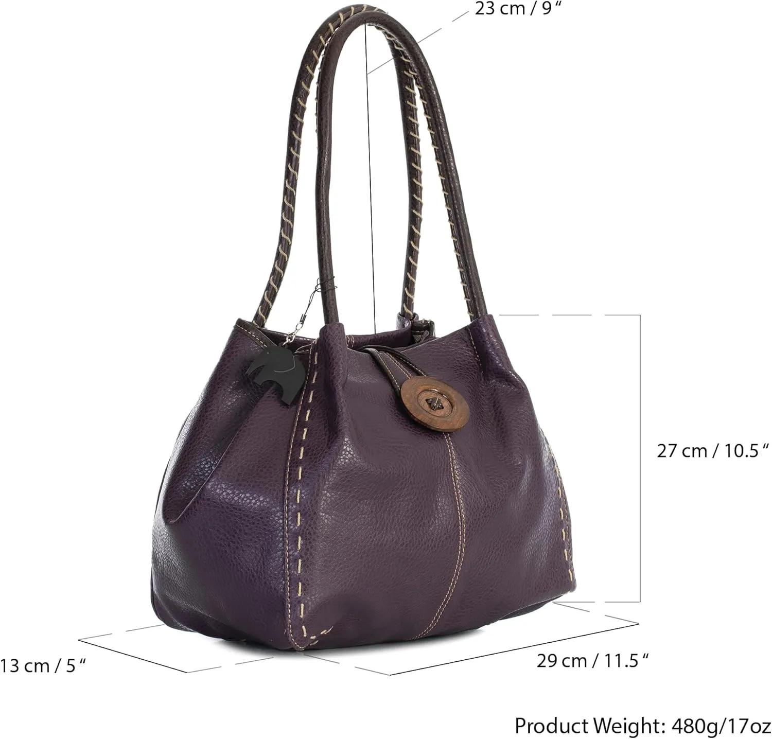 Faux Leather Shoulder Purse for Women – Top Handle Handbag with Wood Button Detail & Zip Closure – Olivia