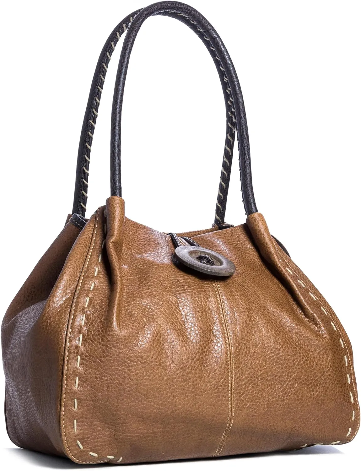 Faux Leather Shoulder Purse for Women – Top Handle Handbag with Wood Button Detail & Zip Closure – Olivia
