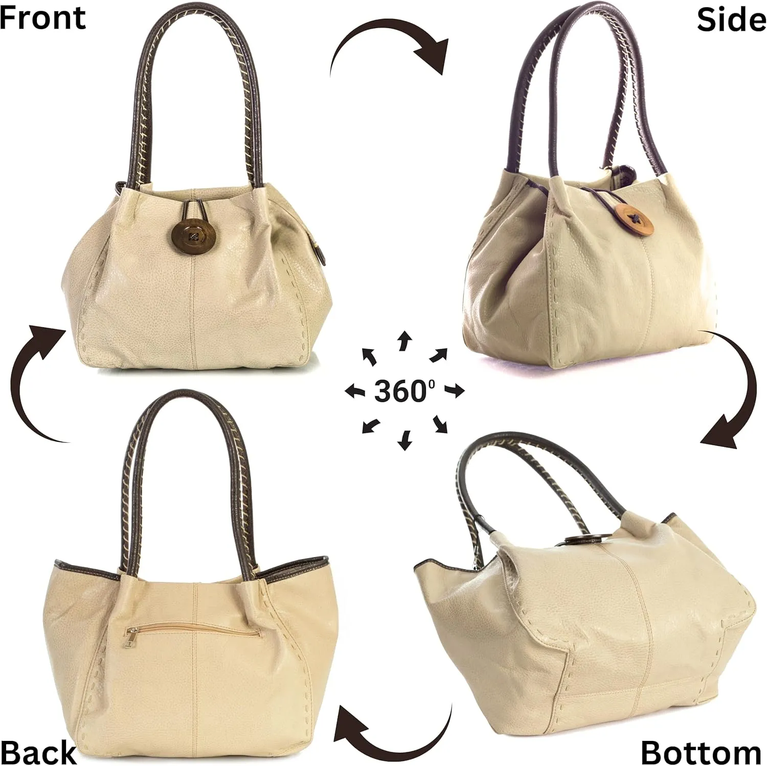 Faux Leather Shoulder Purse for Women – Top Handle Handbag with Wood Button Detail & Zip Closure – Olivia
