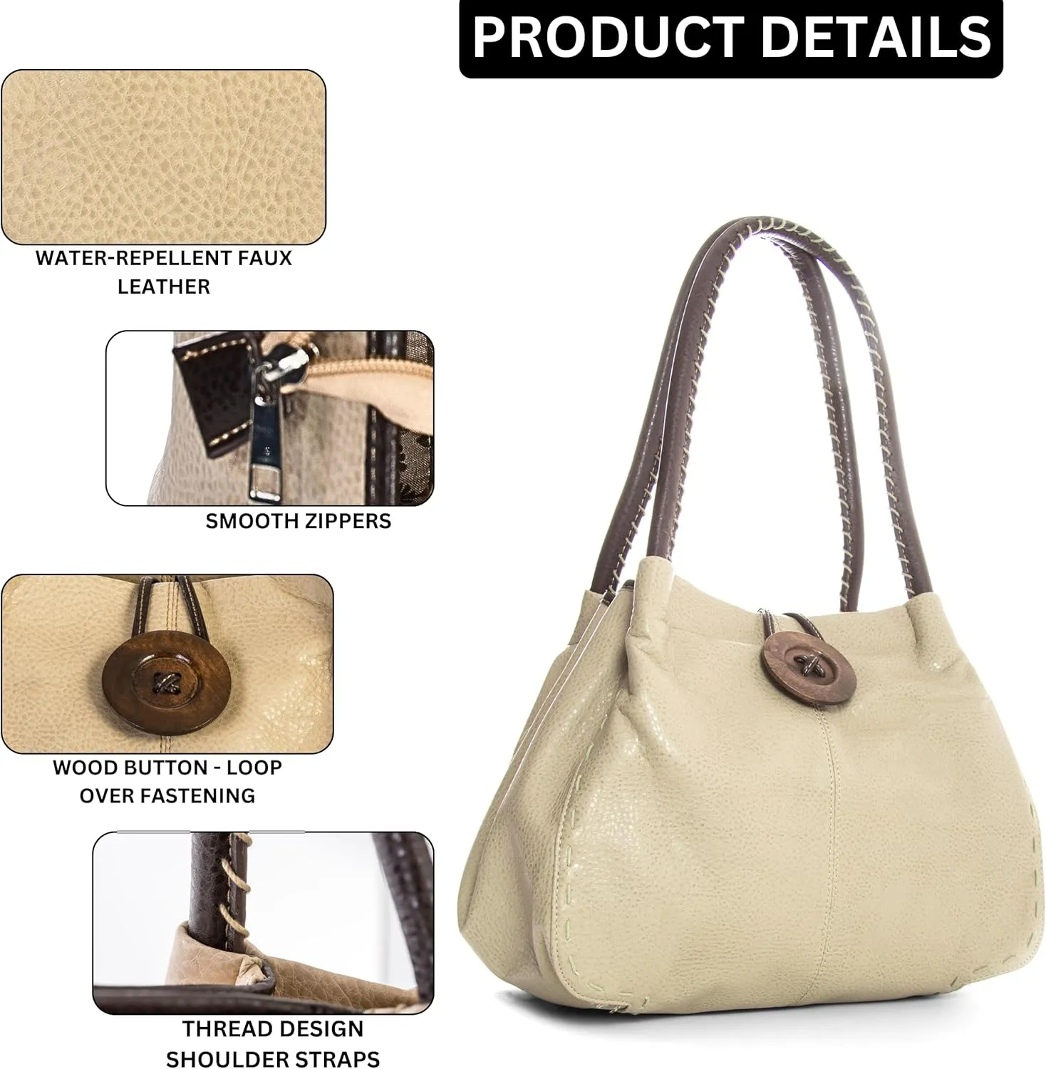 Faux Leather Shoulder Purse for Women – Top Handle Handbag with Wood Button Detail & Zip Closure – Olivia