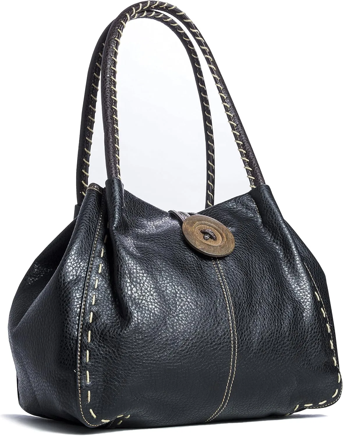 Faux Leather Shoulder Purse for Women – Top Handle Handbag with Wood Button Detail & Zip Closure – Olivia
