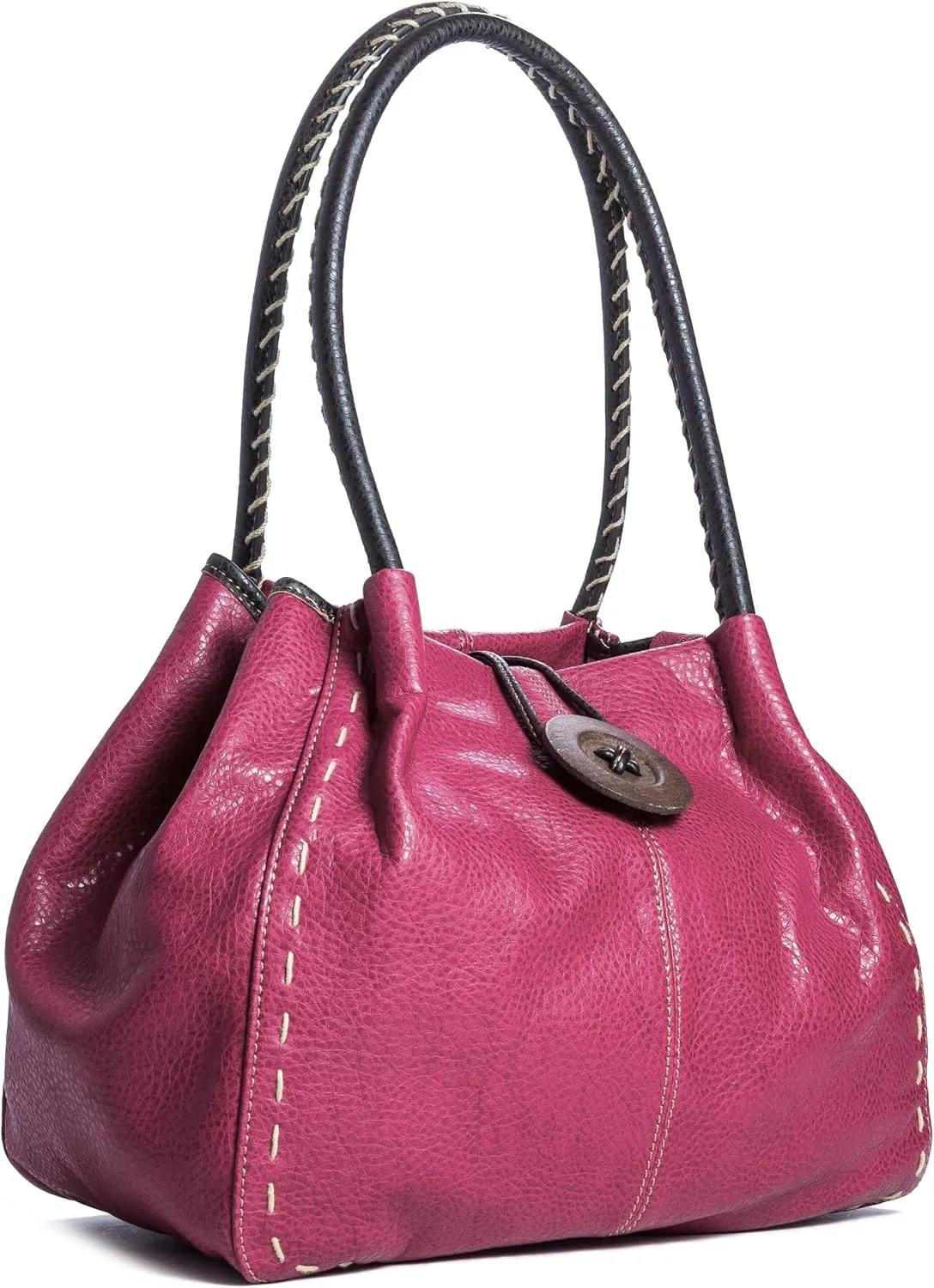 Faux Leather Shoulder Purse for Women – Top Handle Handbag with Wood Button Detail & Zip Closure – Olivia