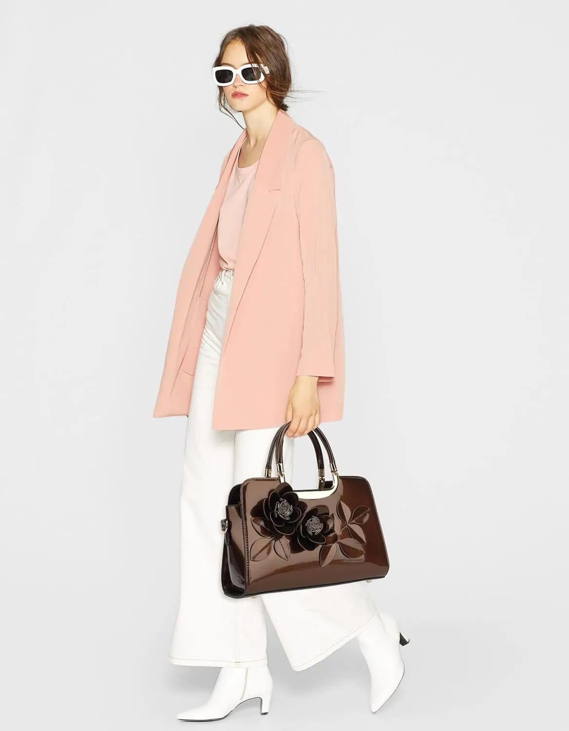 Faux Patent Leather Double Handle Frame Satchel