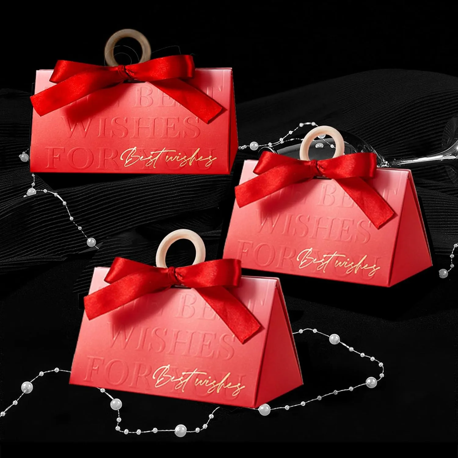 FAYEVIVI Party Favor Boxes - Valentines Day Gift Bags For Presents, Small Thank You Box For Party Favors, Candy Box Bulk, With Ribbon Wooden Ring Handle (20pcs Red,L)