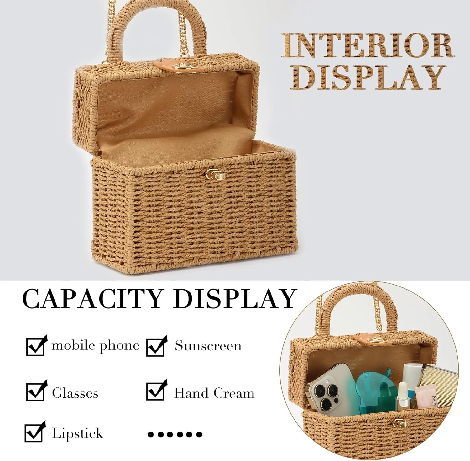 Fecialy Women Handwoven Rattan Handbag Beach Straw Tote Bag Square Boho Crossbody Bag