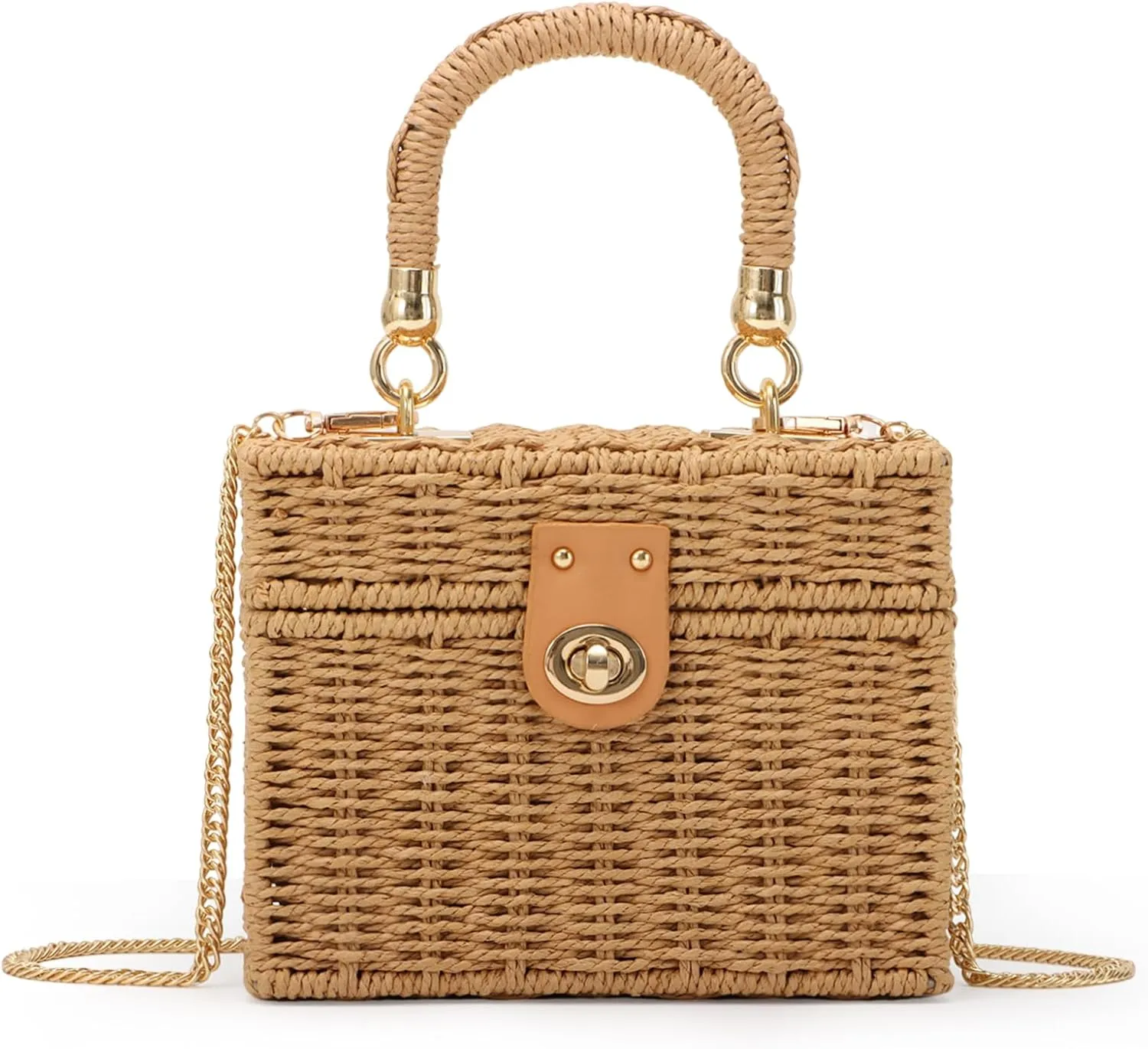Fecialy Women Handwoven Rattan Handbag Beach Straw Tote Bag Square Boho Crossbody Bag