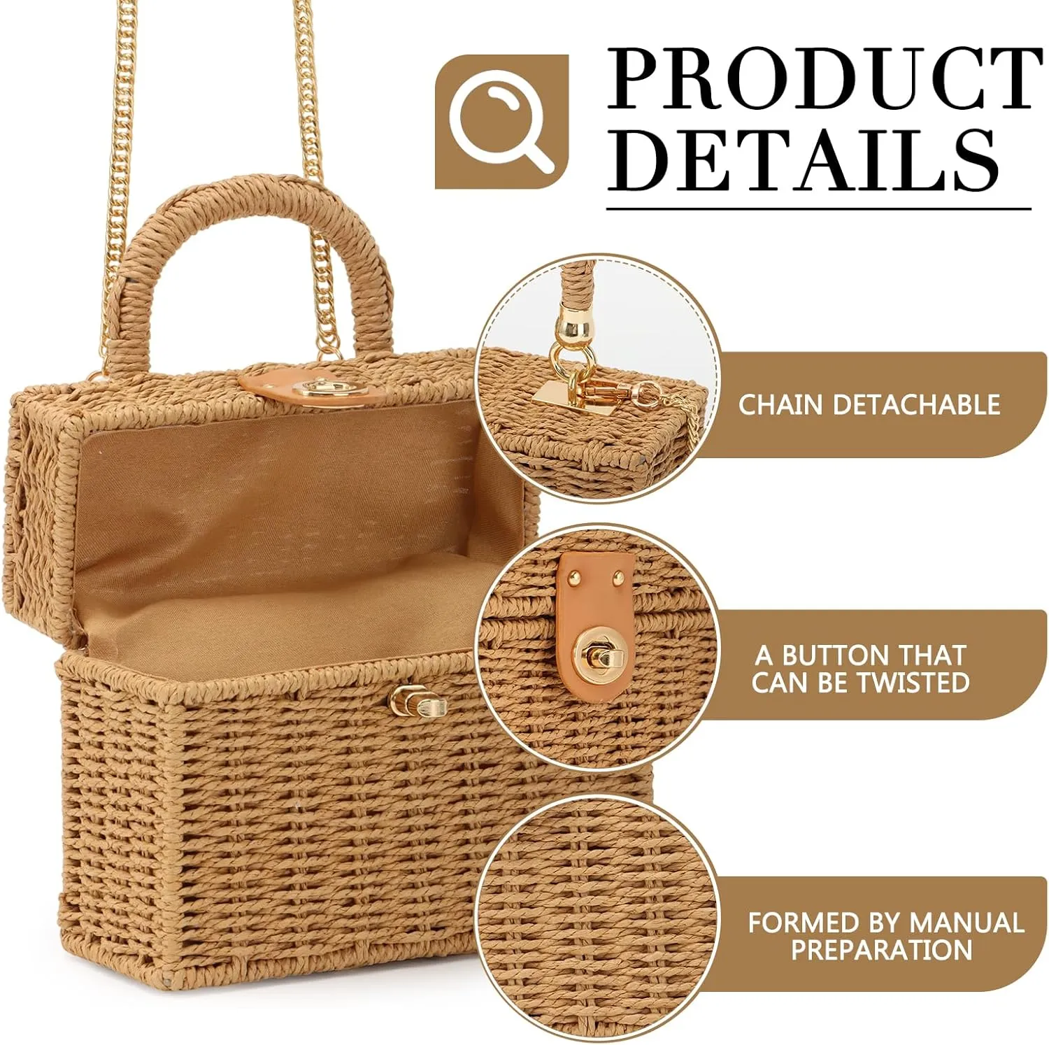 Fecialy Women Handwoven Rattan Handbag Beach Straw Tote Bag Square Boho Crossbody Bag