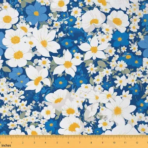 Feelyou Cartoon Flower Upholstery Fabric for Chairs 5 Yards Kids Flroal Fabric by The Yard Botanical Branches Waterproof Outdoor Fabric for Room Decor Natural Theme White Blue Outdoor Fabric