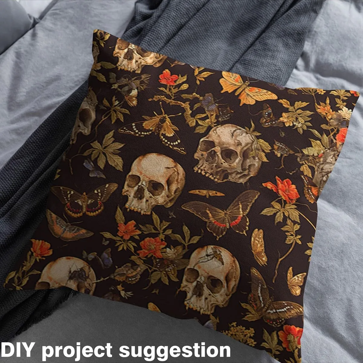 Feelyou Sugar Skull Fabric by The Yard 5 Yards Botanical Flowers Decorative Waterproof Outdoor Fabric Butterfly Gothic Skeleton Upholstery Fabric for Chairs Halloween Themed DIY Reupholstery Fabric