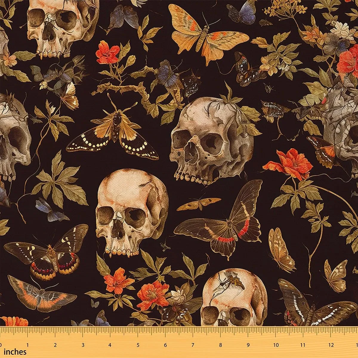 Feelyou Sugar Skull Fabric by The Yard 5 Yards Botanical Flowers Decorative Waterproof Outdoor Fabric Butterfly Gothic Skeleton Upholstery Fabric for Chairs Halloween Themed DIY Reupholstery Fabric