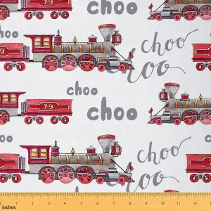 Feelyou Train Upholstery Fabric by The Yard,Cartoon Car Reupholstery Fabric for Chairs,Choo Train Vehicle Red White Decorative Waterproof Outdoor Fabric, 1 Yard