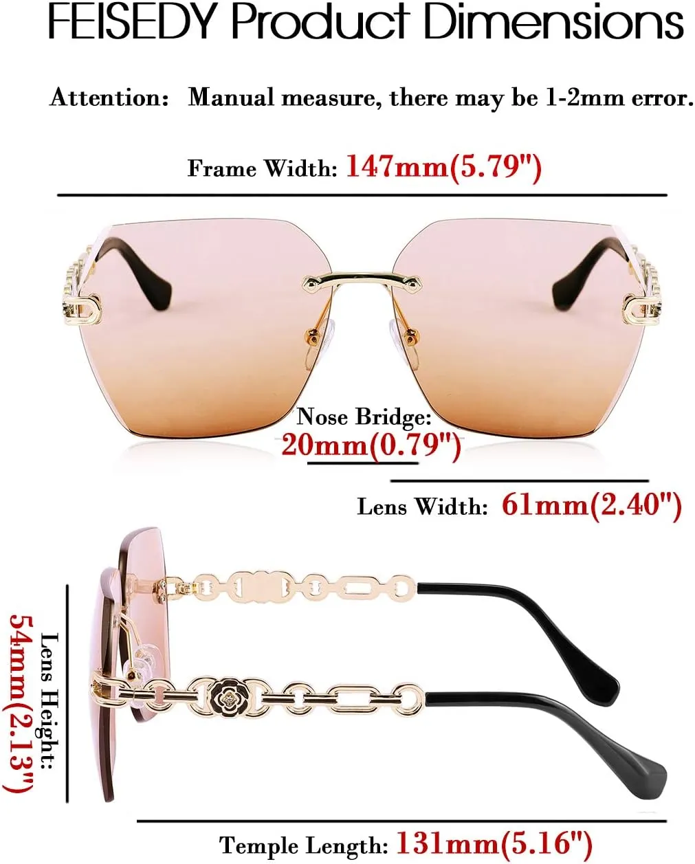 FEISEDY Classic Rimless Sunglasses Women Metal Frame Diamond Cutting Lens Sun Glasses B2567