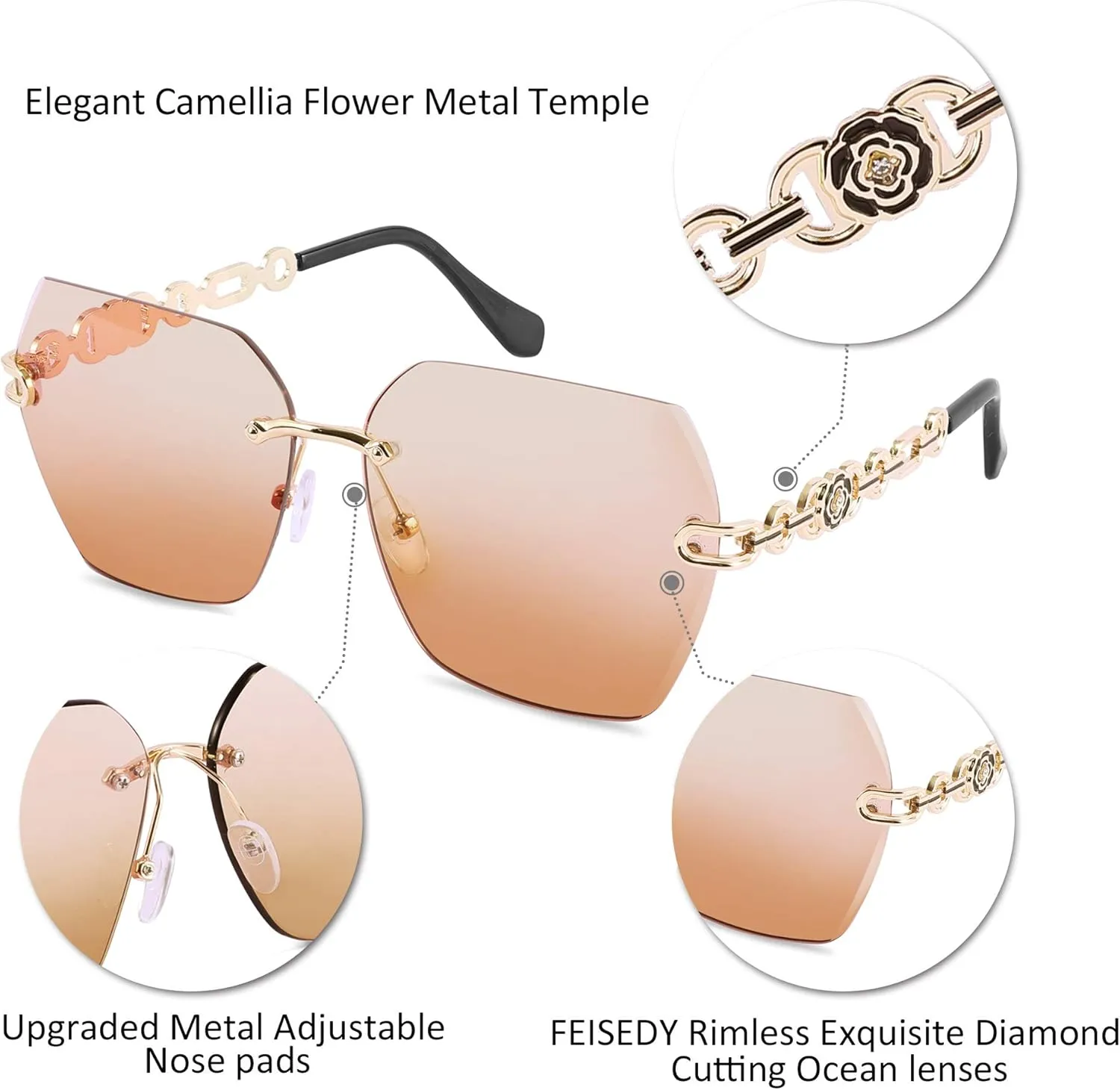 FEISEDY Classic Rimless Sunglasses Women Metal Frame Diamond Cutting Lens Sun Glasses B2567