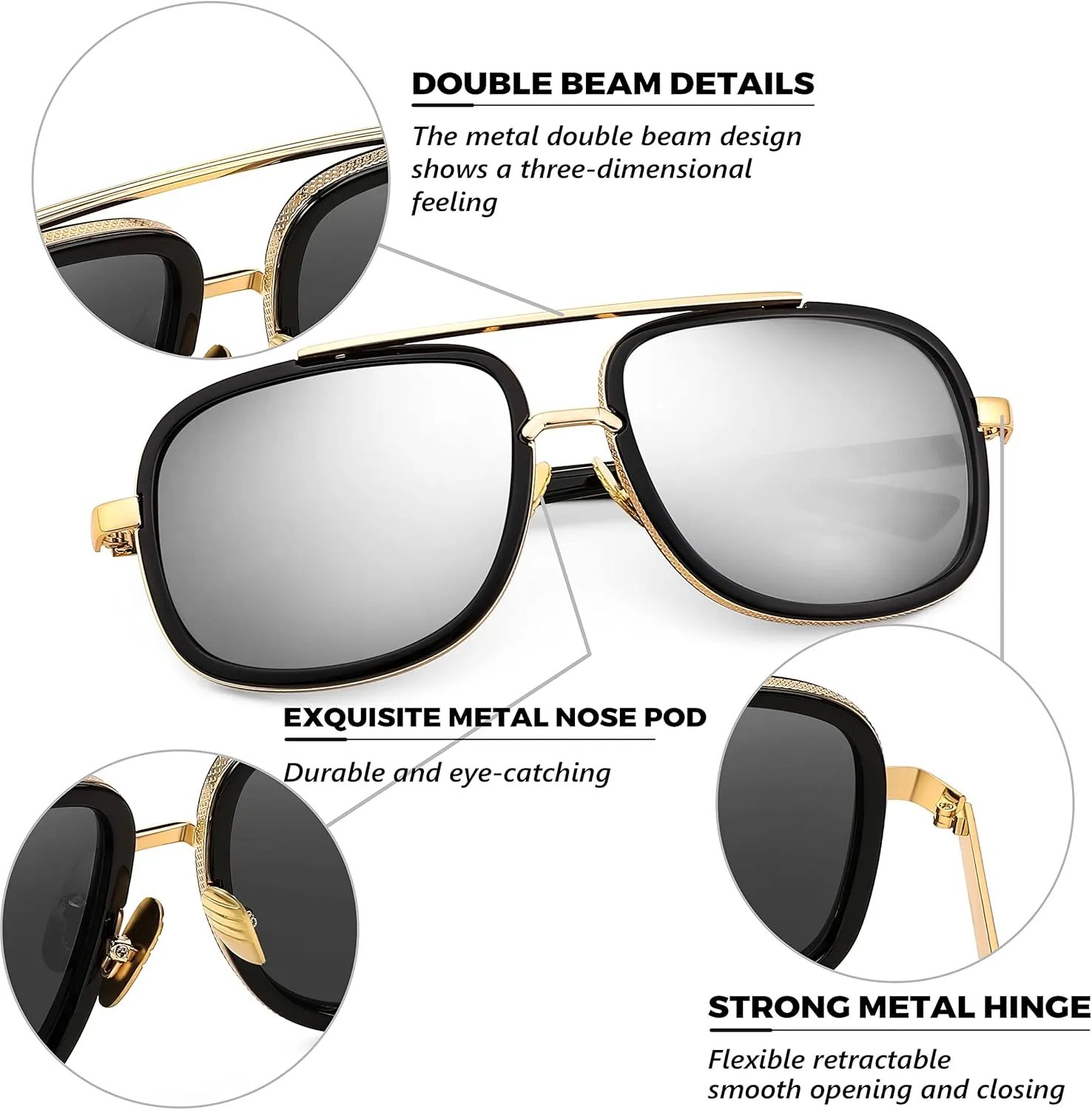 FEISEDY Retro Trendy Aviator Sunglasses Women Men Classic Vintage Square Sunglasses 70s Large Metal Shades B2321