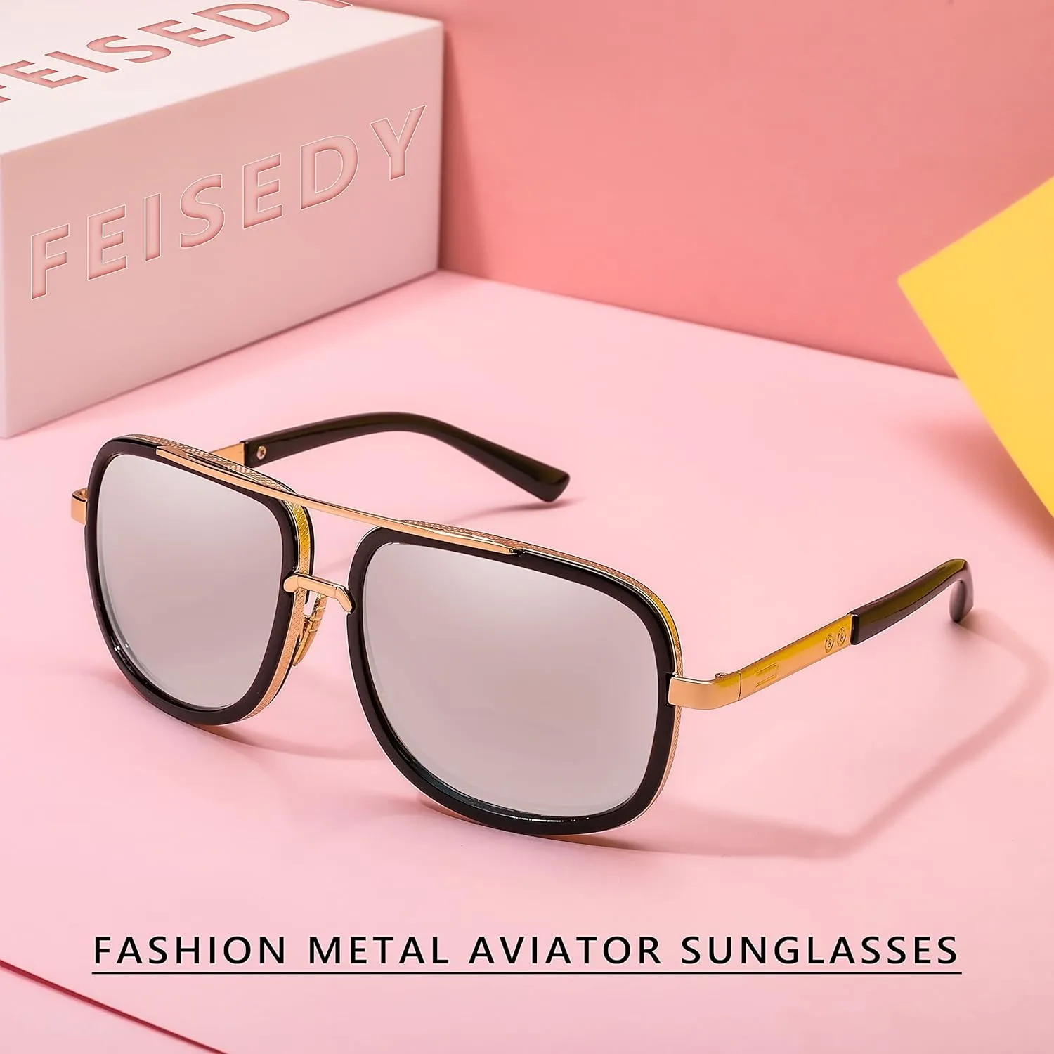 FEISEDY Retro Trendy Aviator Sunglasses Women Men Classic Vintage Square Sunglasses 70s Large Metal Shades B2321