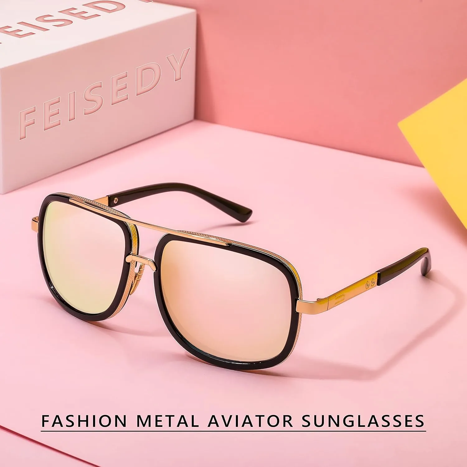 FEISEDY Retro Trendy Aviator Sunglasses Women Men Classic Vintage Square Sunglasses 70s Large Metal Shades B2321