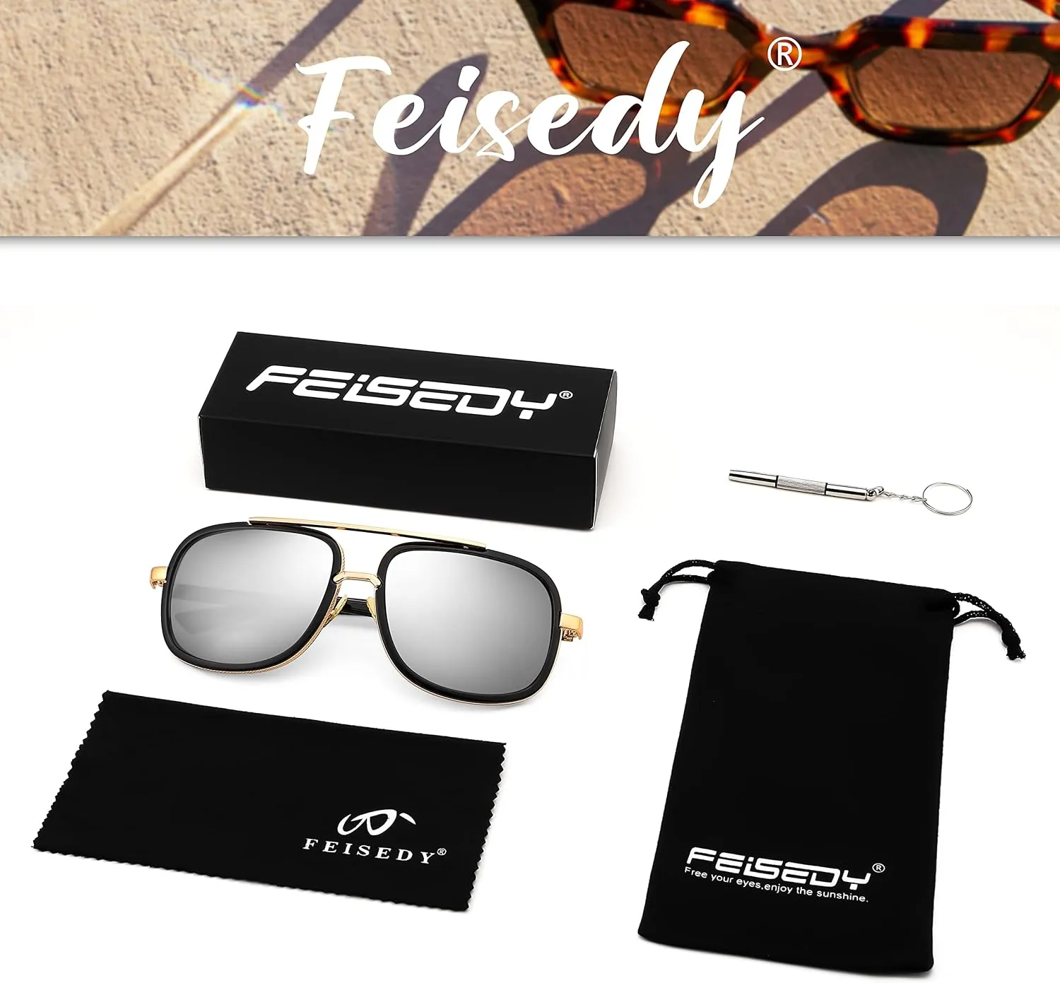 FEISEDY Retro Trendy Aviator Sunglasses Women Men Classic Vintage Square Sunglasses 70s Large Metal Shades B2321
