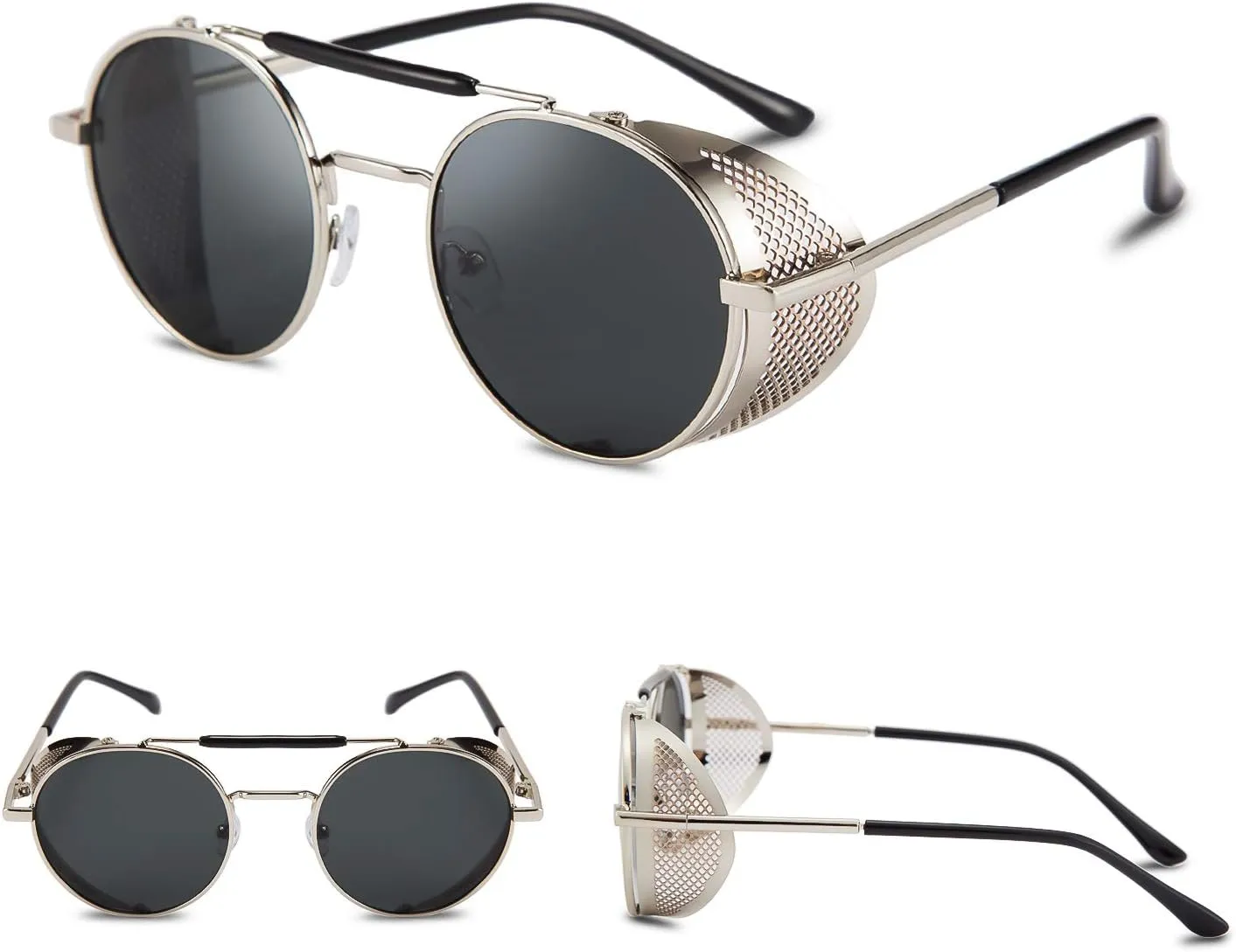 FEISEDY Steam Punk Sunglasses for Men Women Side Shield Round Steampunk Vintage Glasses Shades B2518