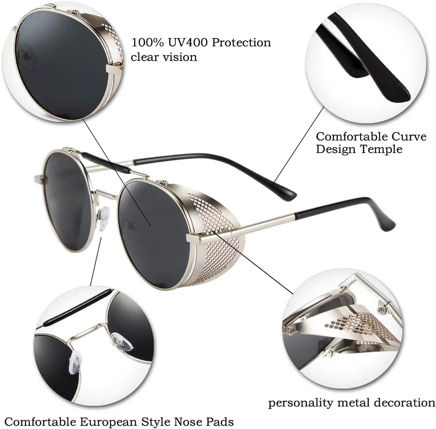 FEISEDY Steam Punk Sunglasses for Men Women Side Shield Round Steampunk Vintage Glasses Shades B2518
