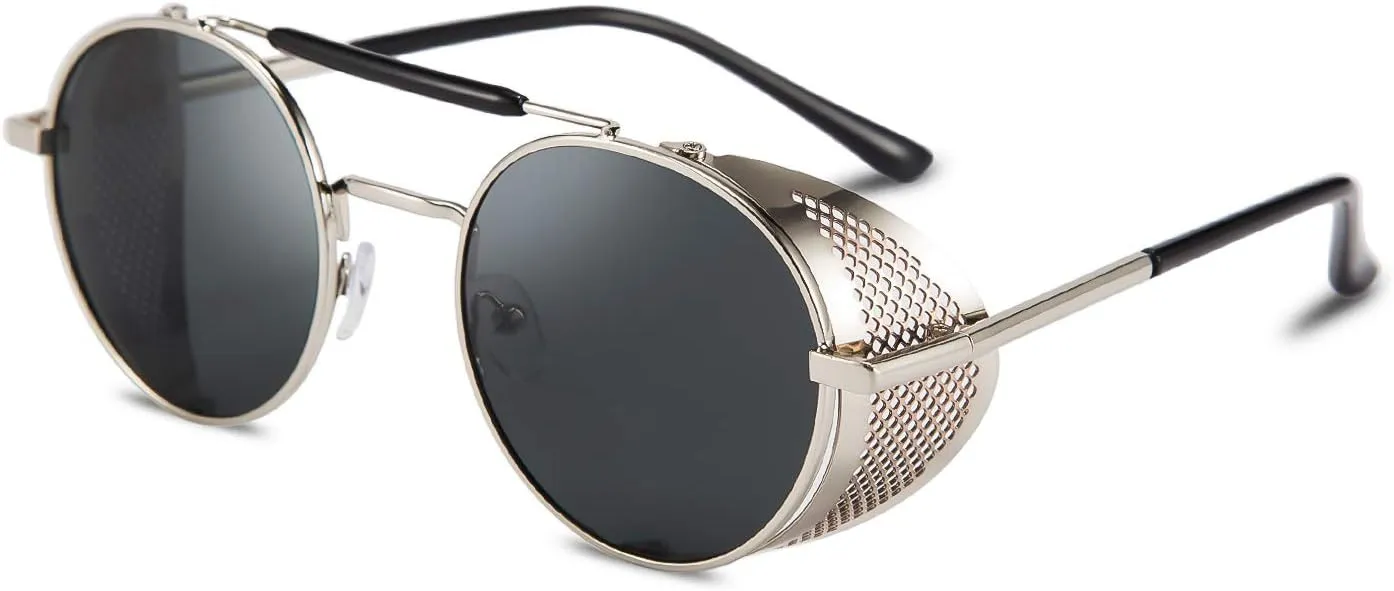 FEISEDY Steam Punk Sunglasses for Men Women Side Shield Round Steampunk Vintage Glasses Shades B2518