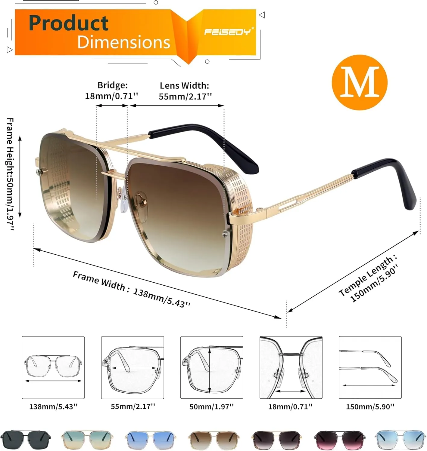 FEISEDY Sunglasses Mens Women Vintage Pilot Square Trendy Metal Steampunk Fishing Driving Sun Glasses B2894