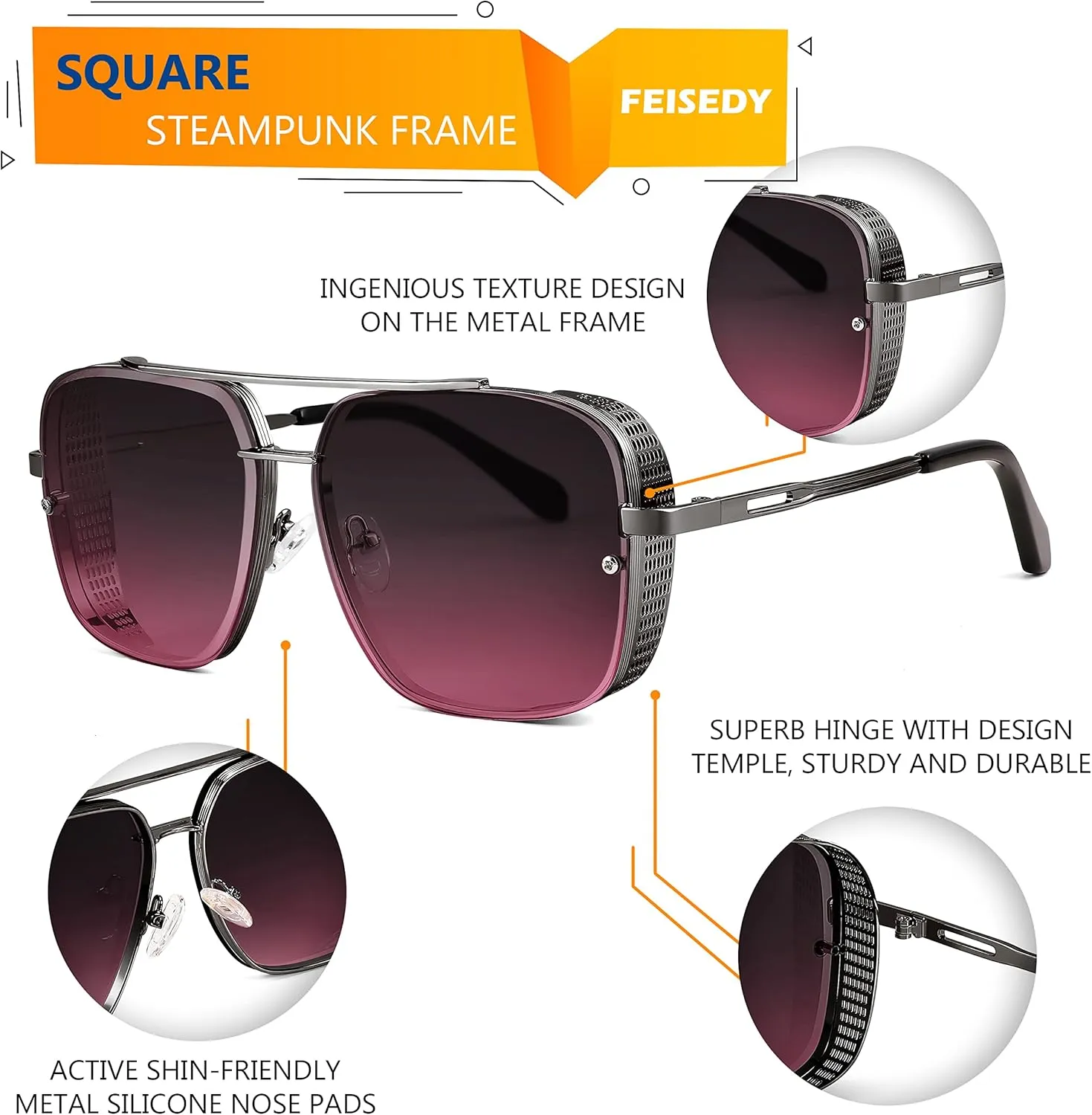FEISEDY Sunglasses Mens Women Vintage Pilot Square Trendy Metal Steampunk Fishing Driving Sun Glasses B2894