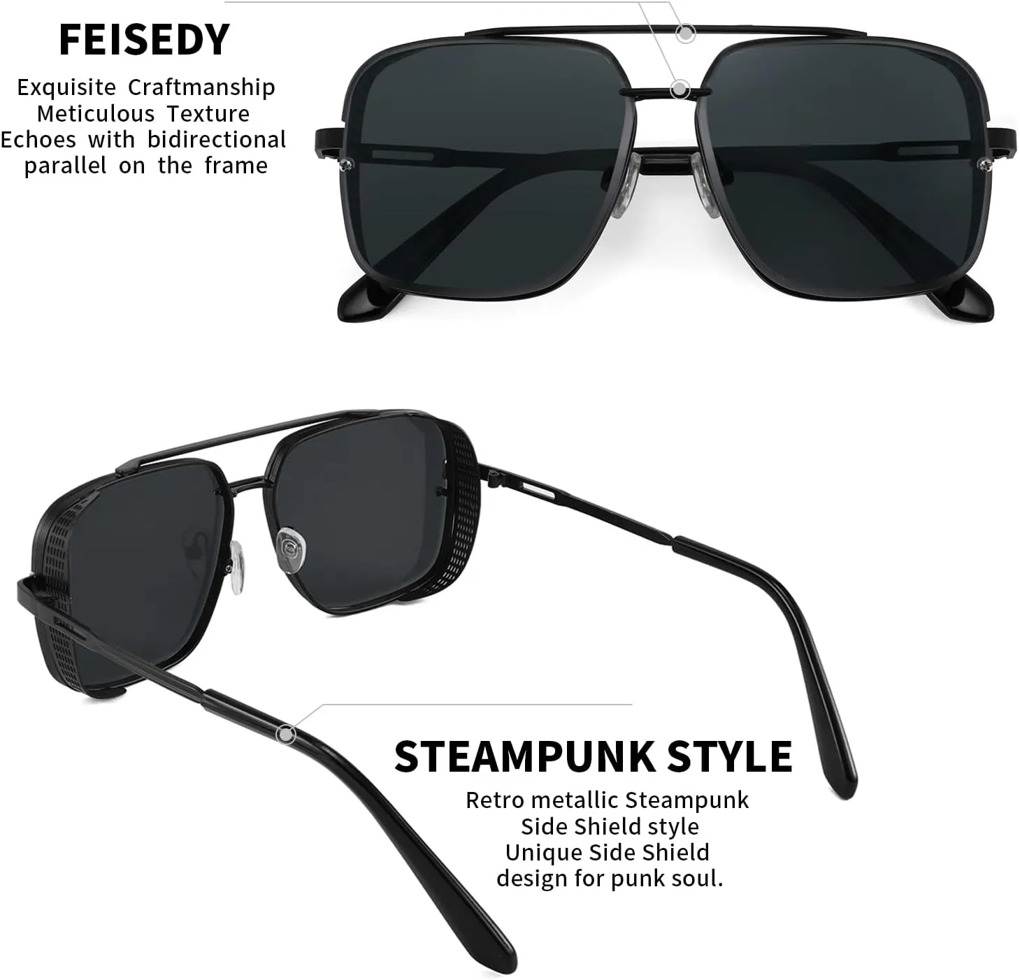 FEISEDY Sunglasses Mens Women Vintage Pilot Square Trendy Metal Steampunk Fishing Driving Sun Glasses B2894