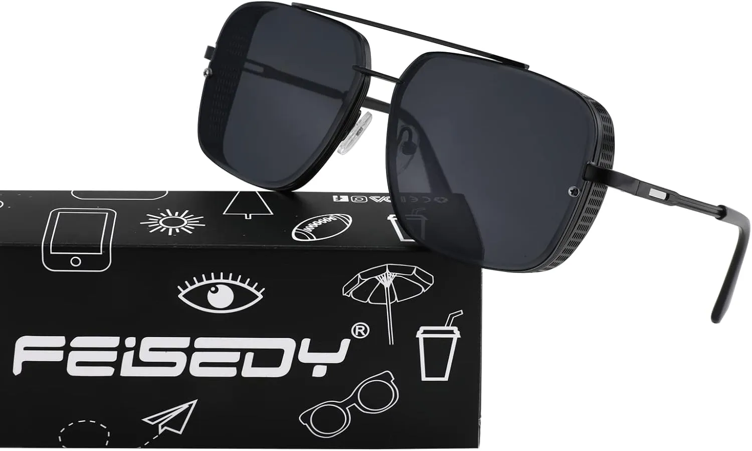 FEISEDY Sunglasses Mens Women Vintage Pilot Square Trendy Metal Steampunk Fishing Driving Sun Glasses B2894