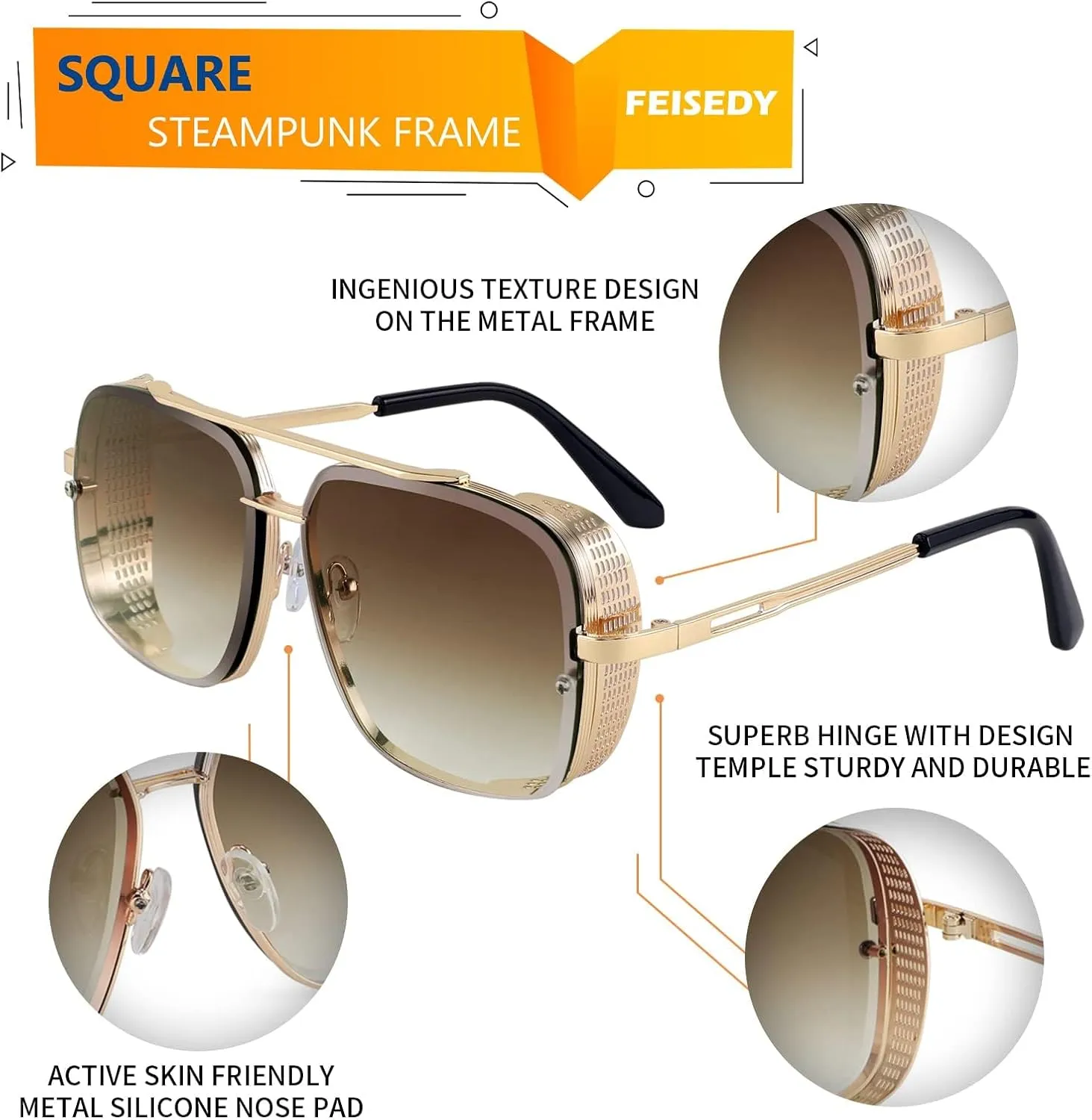 FEISEDY Sunglasses Mens Women Vintage Pilot Square Trendy Metal Steampunk Fishing Driving Sun Glasses B2894