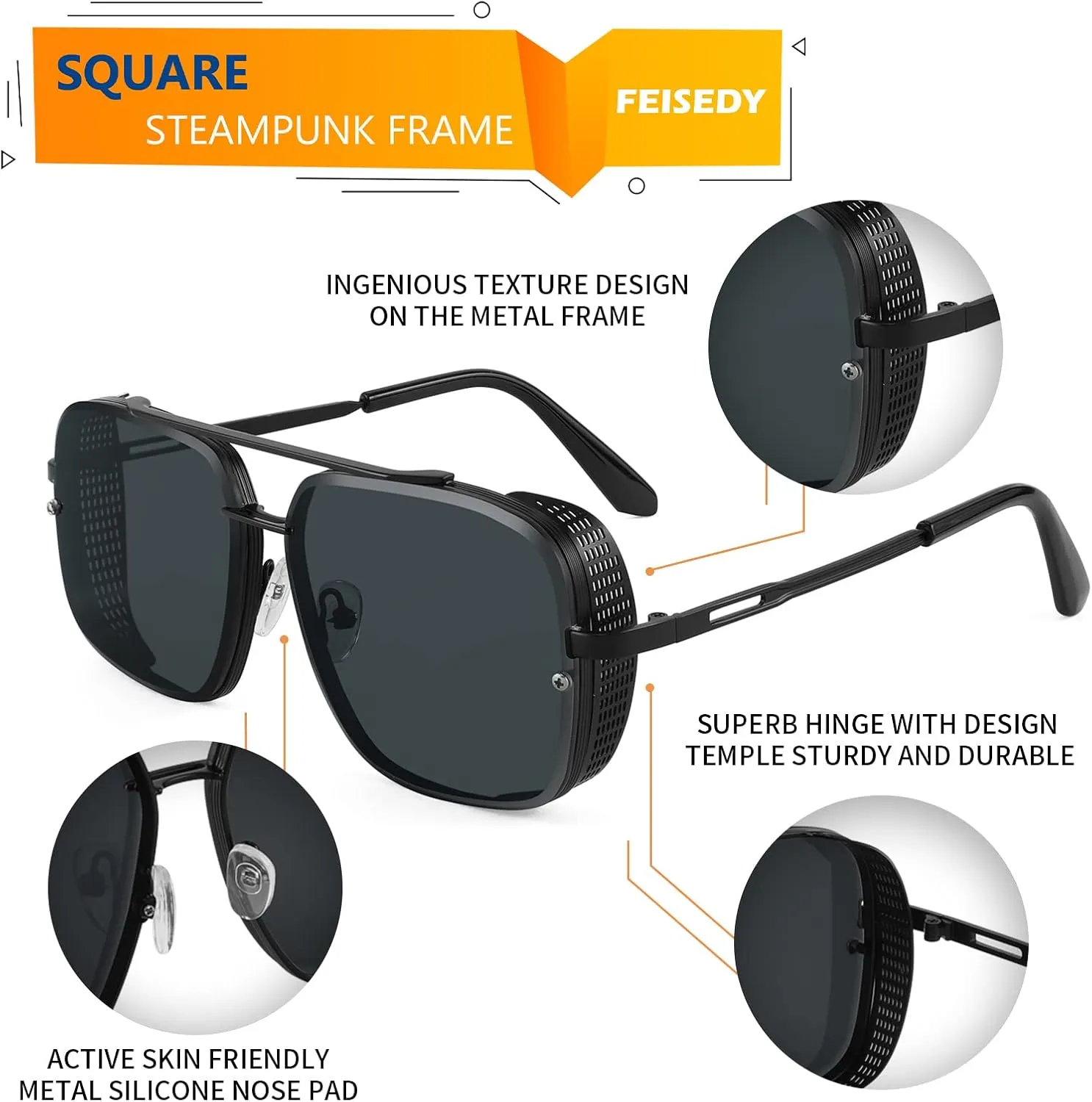 FEISEDY Sunglasses Mens Women Vintage Pilot Square Trendy Metal Steampunk Fishing Driving Sun Glasses B2894