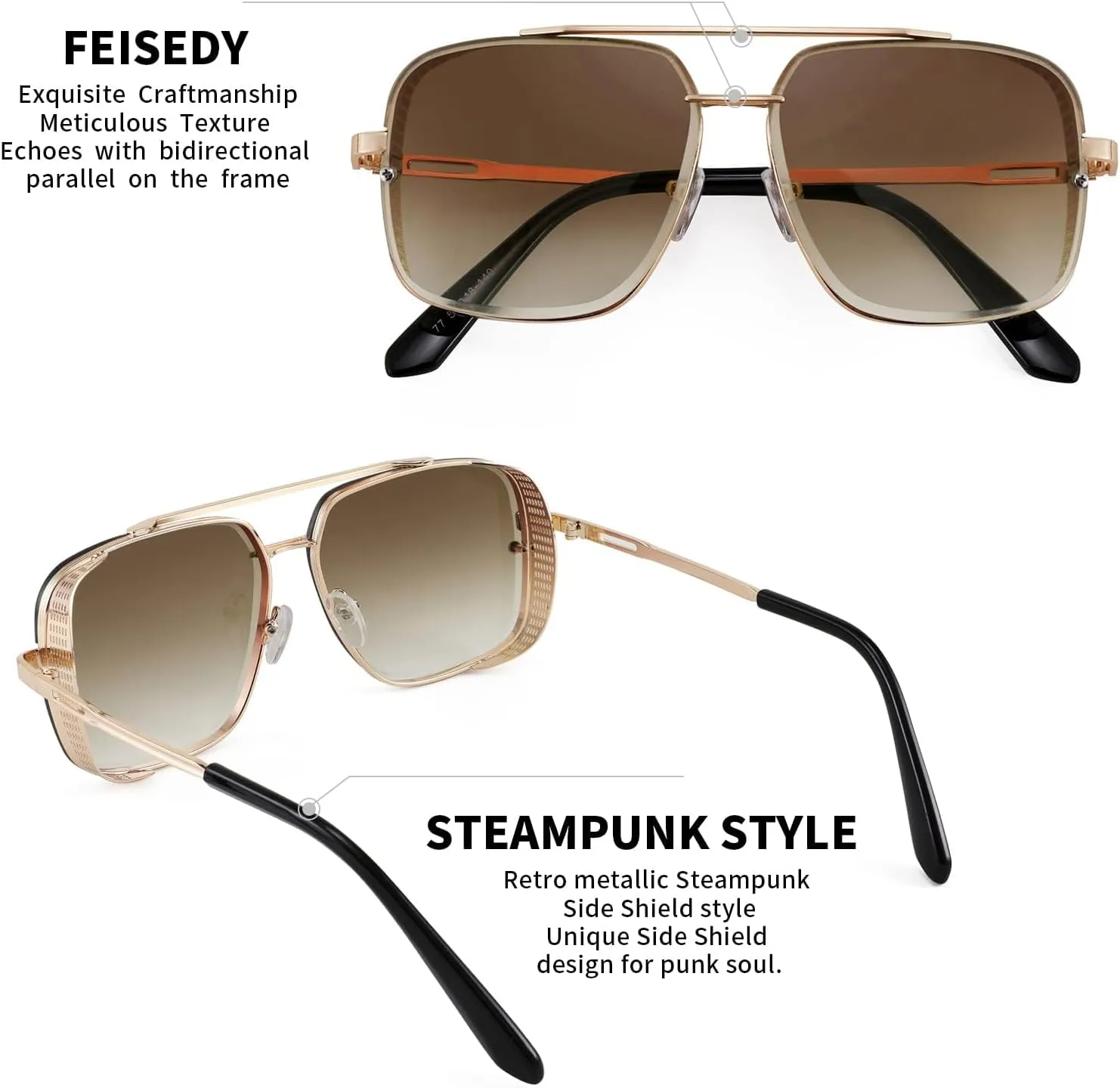 FEISEDY Sunglasses Mens Women Vintage Pilot Square Trendy Metal Steampunk Fishing Driving Sun Glasses B2894