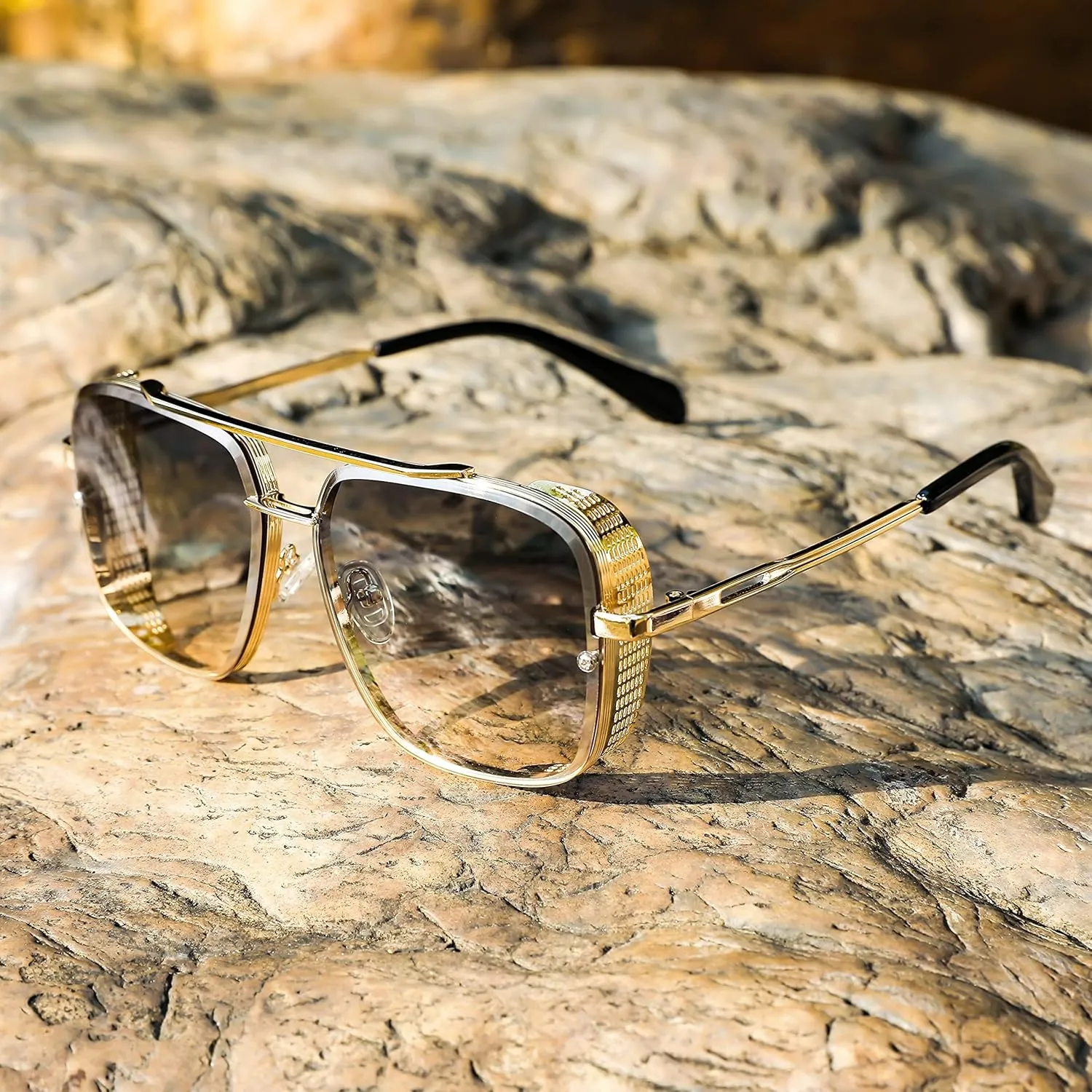 FEISEDY Sunglasses Mens Women Vintage Pilot Square Trendy Metal Steampunk Fishing Driving Sun Glasses B2894