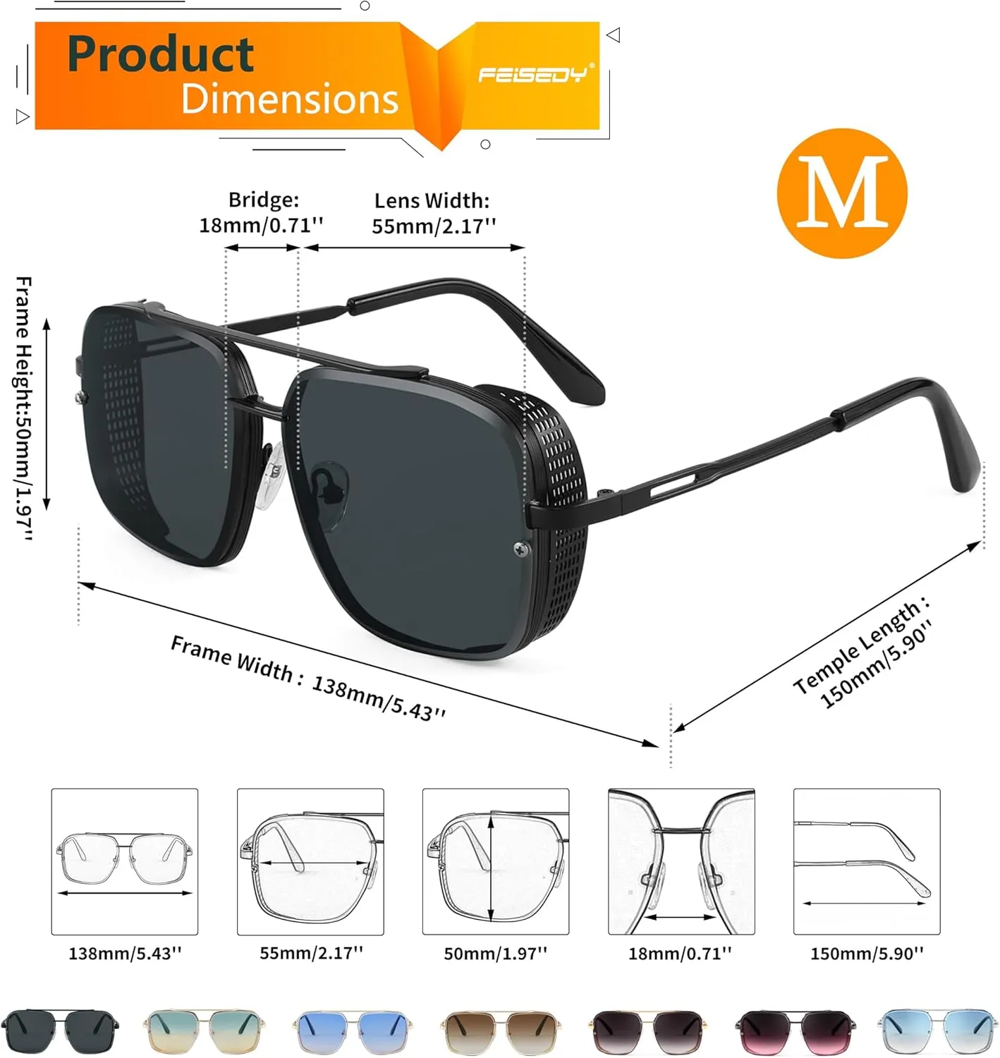 FEISEDY Sunglasses Mens Women Vintage Pilot Square Trendy Metal Steampunk Fishing Driving Sun Glasses B2894