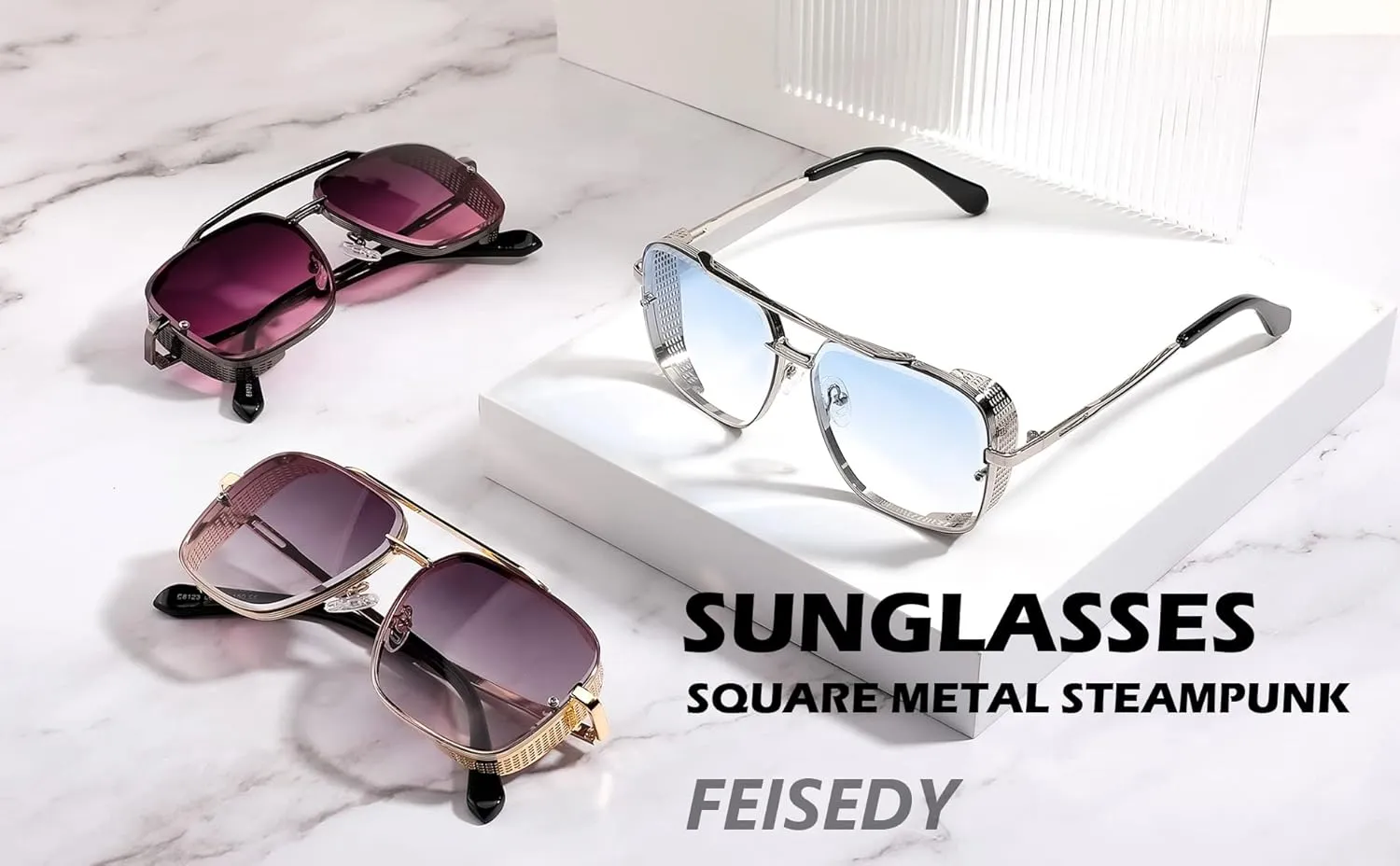 FEISEDY Sunglasses Mens Women Vintage Pilot Square Trendy Metal Steampunk Fishing Driving Sun Glasses B2894