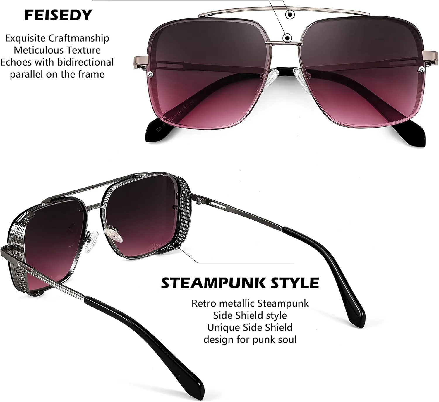FEISEDY Sunglasses Mens Women Vintage Pilot Square Trendy Metal Steampunk Fishing Driving Sun Glasses B2894