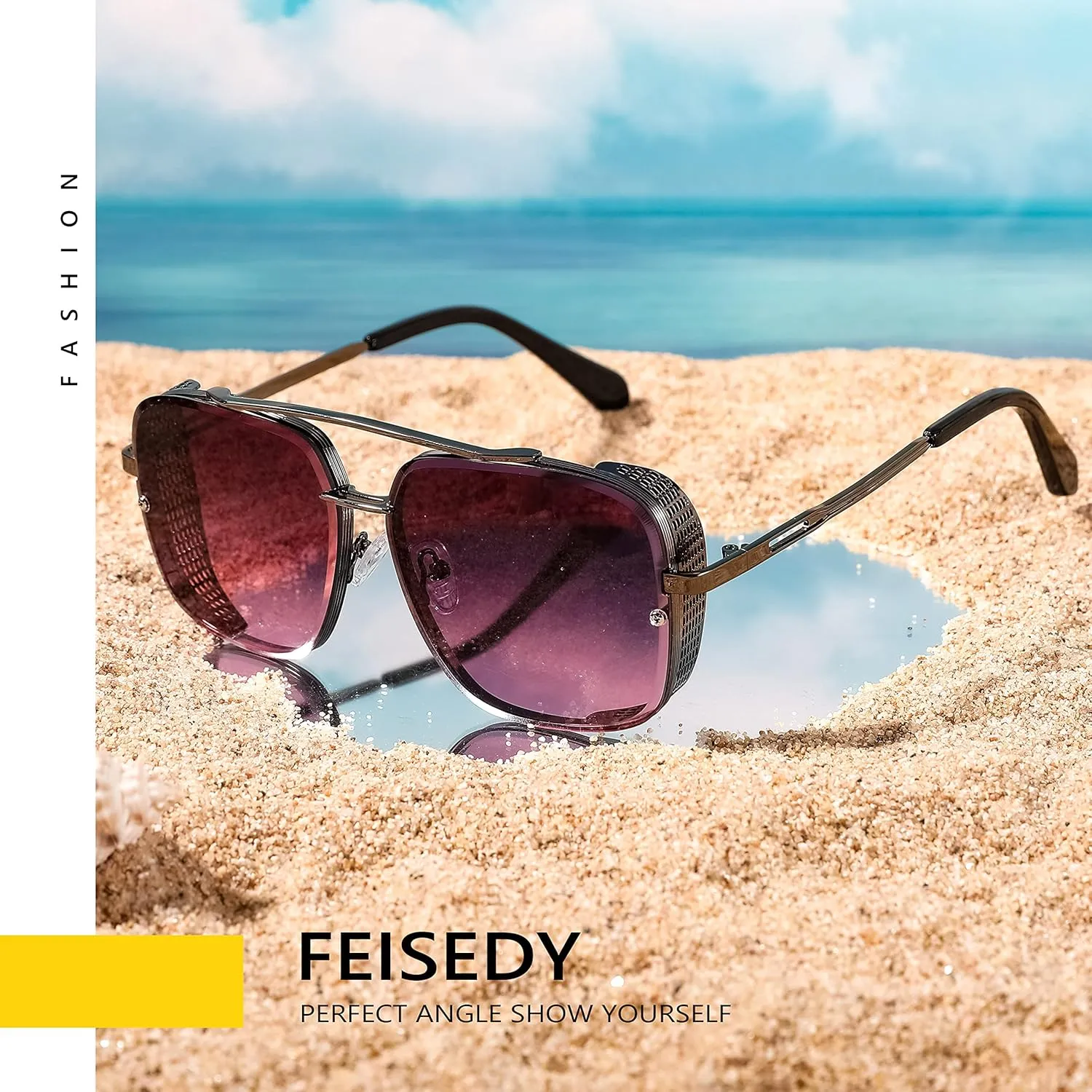 FEISEDY Sunglasses Mens Women Vintage Pilot Square Trendy Metal Steampunk Fishing Driving Sun Glasses B2894