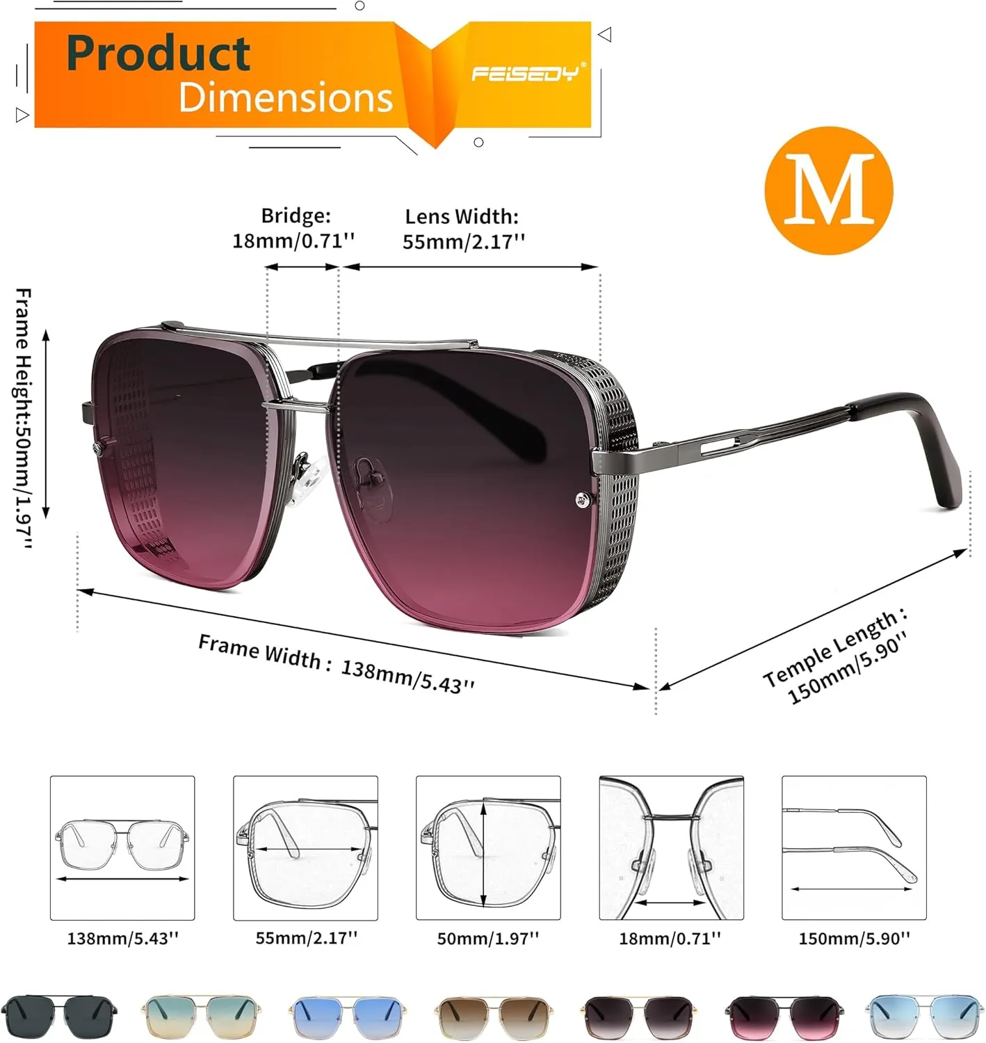 FEISEDY Sunglasses Mens Women Vintage Pilot Square Trendy Metal Steampunk Fishing Driving Sun Glasses B2894