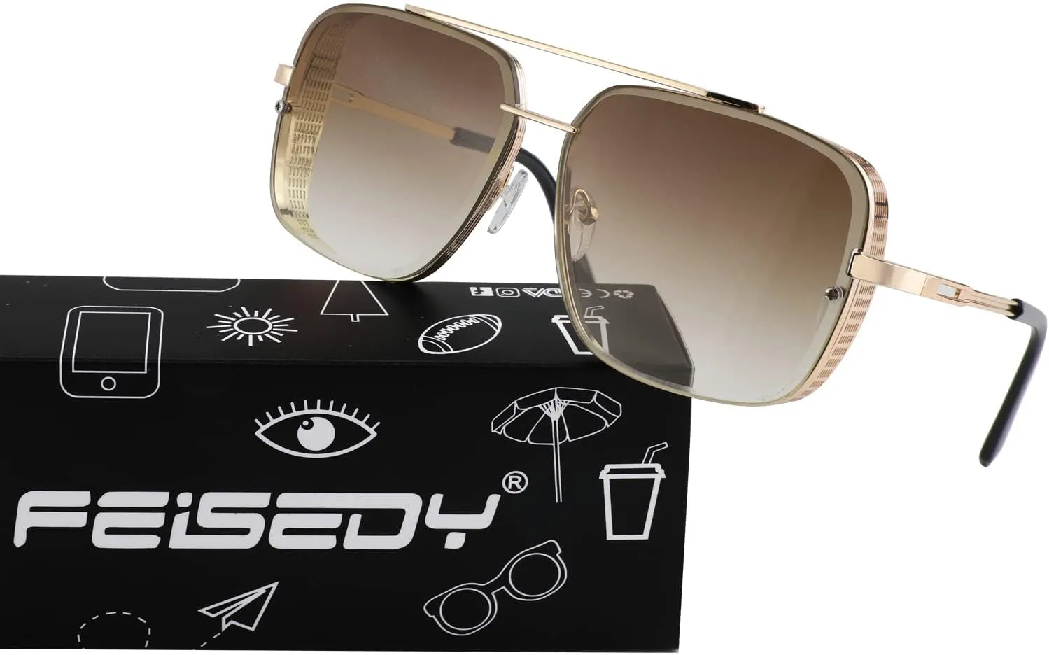 FEISEDY Sunglasses Mens Women Vintage Pilot Square Trendy Metal Steampunk Fishing Driving Sun Glasses B2894