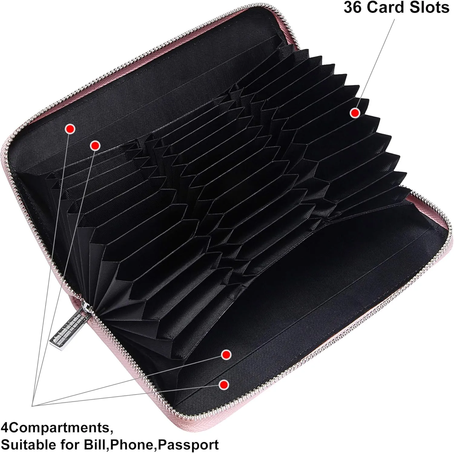 FEITH&FELLY Large Capacity Credit Card Wallets for Women Long Leather RFID Blocking Accordion Wallet Zip Organizer 36 Slots